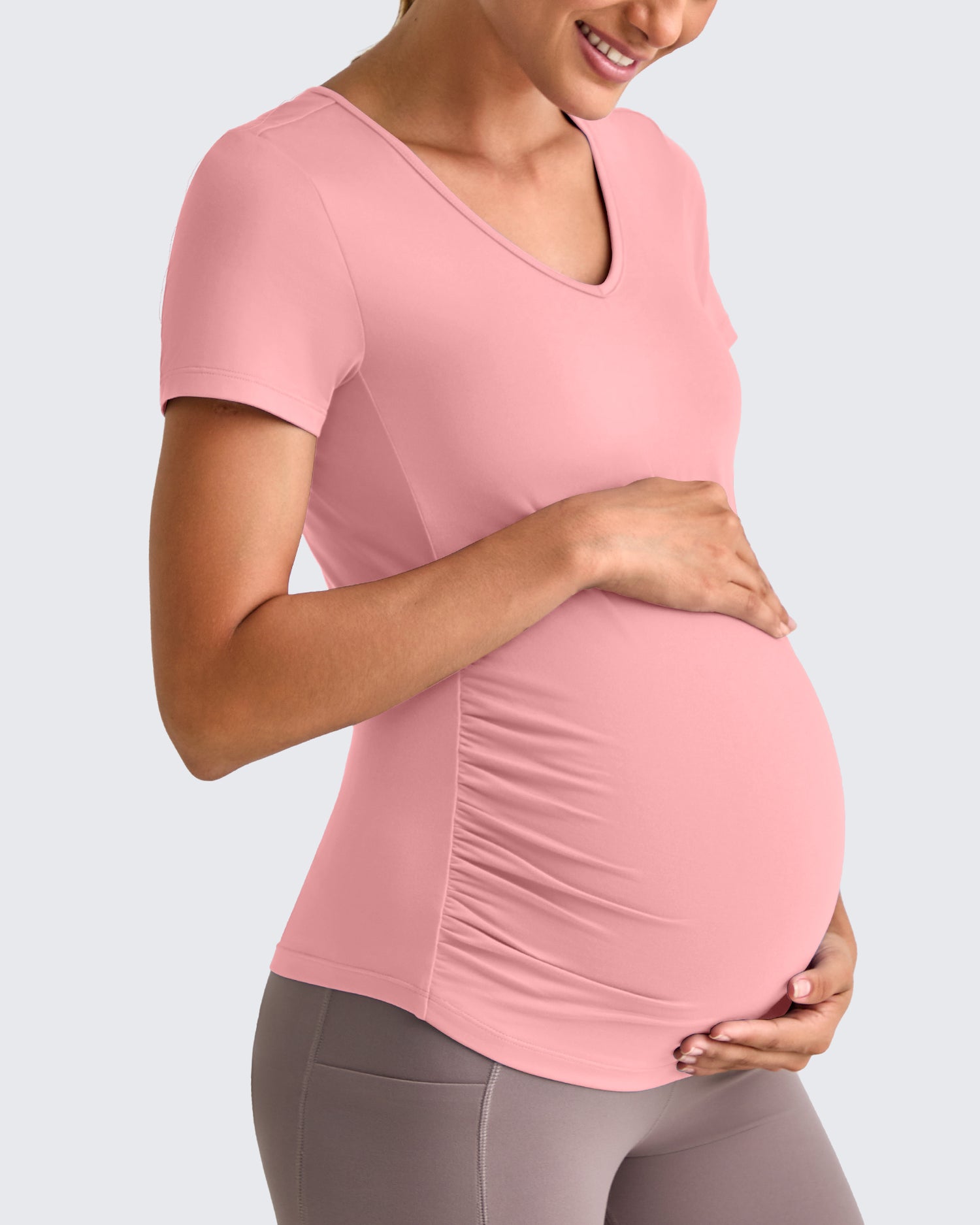 G4Free Activewear Lightweight V Neck Side Ruched Maternity Short Sleeve 