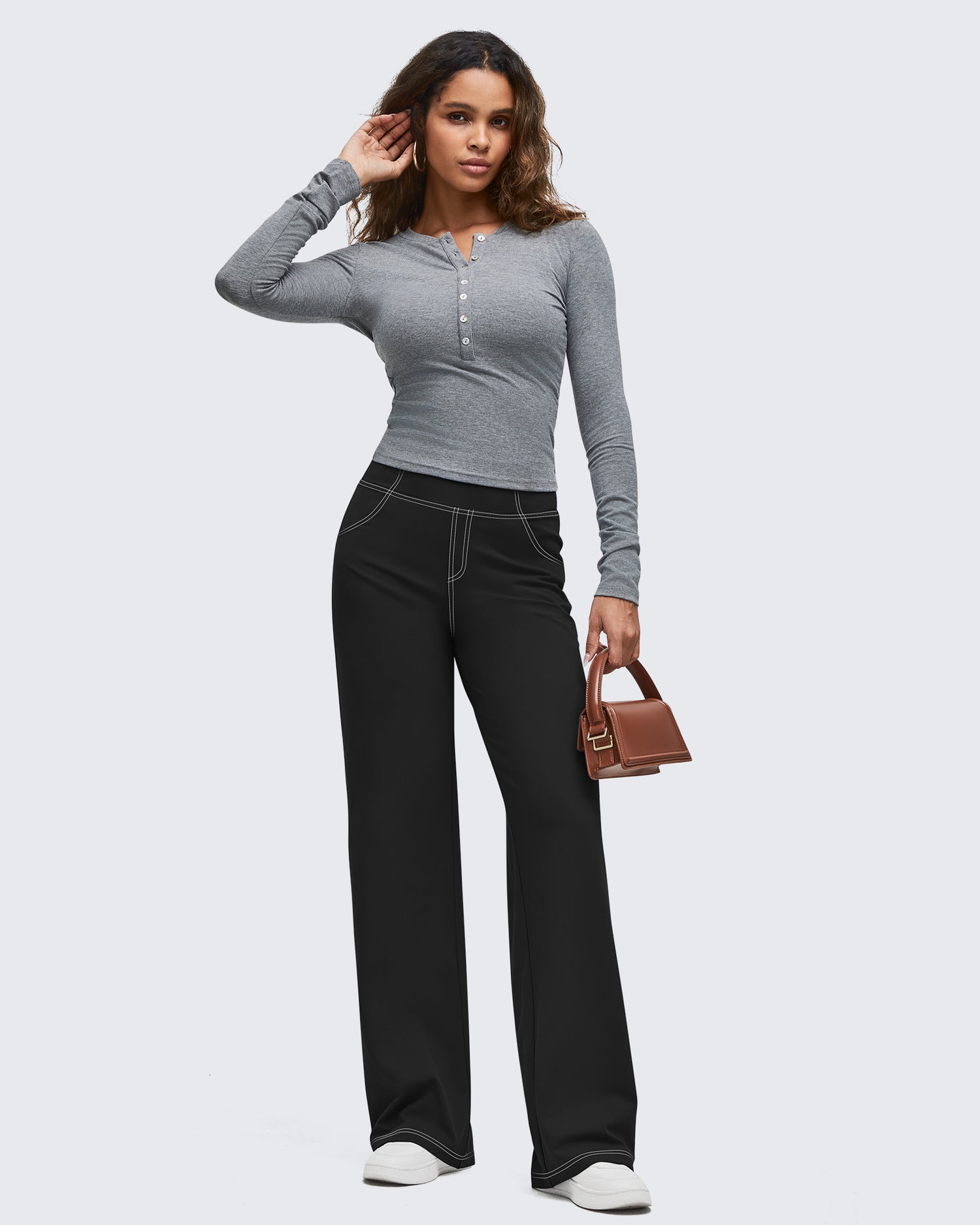 Contrast Stitch High-Waist Wide Leg Pants