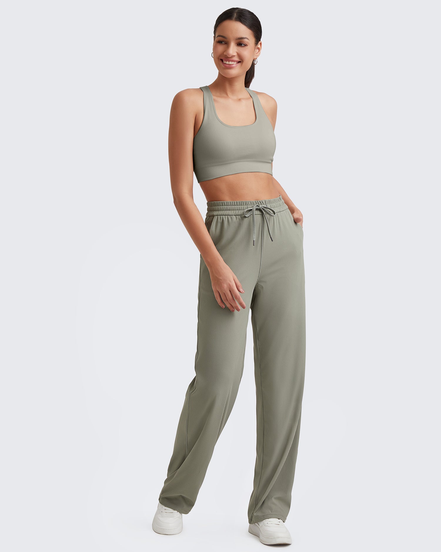 Ribbed High-Rise Drawstring Casual Pants