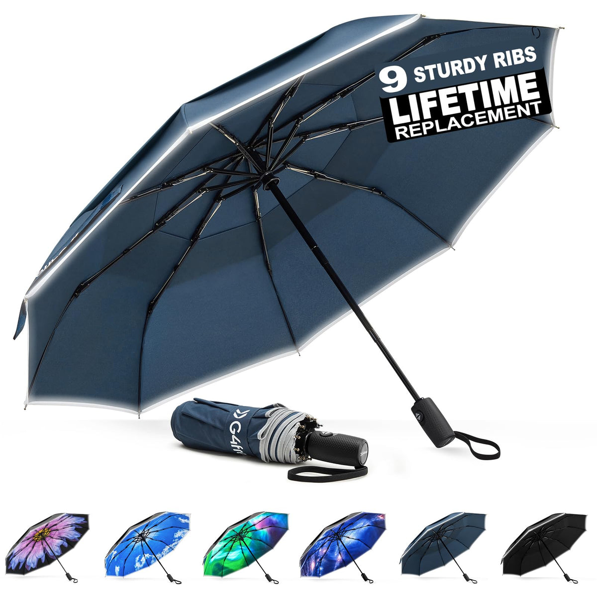 G4Free G4Free Eco Fiberglass Frame Double Canopy Reflective Strip Auto Folding Umbrella 