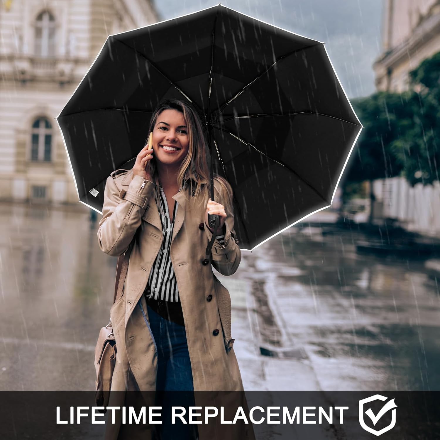 G4Free G4Free Eco Fiberglass Frame Double Canopy Reflective Strip Auto Folding Umbrella 