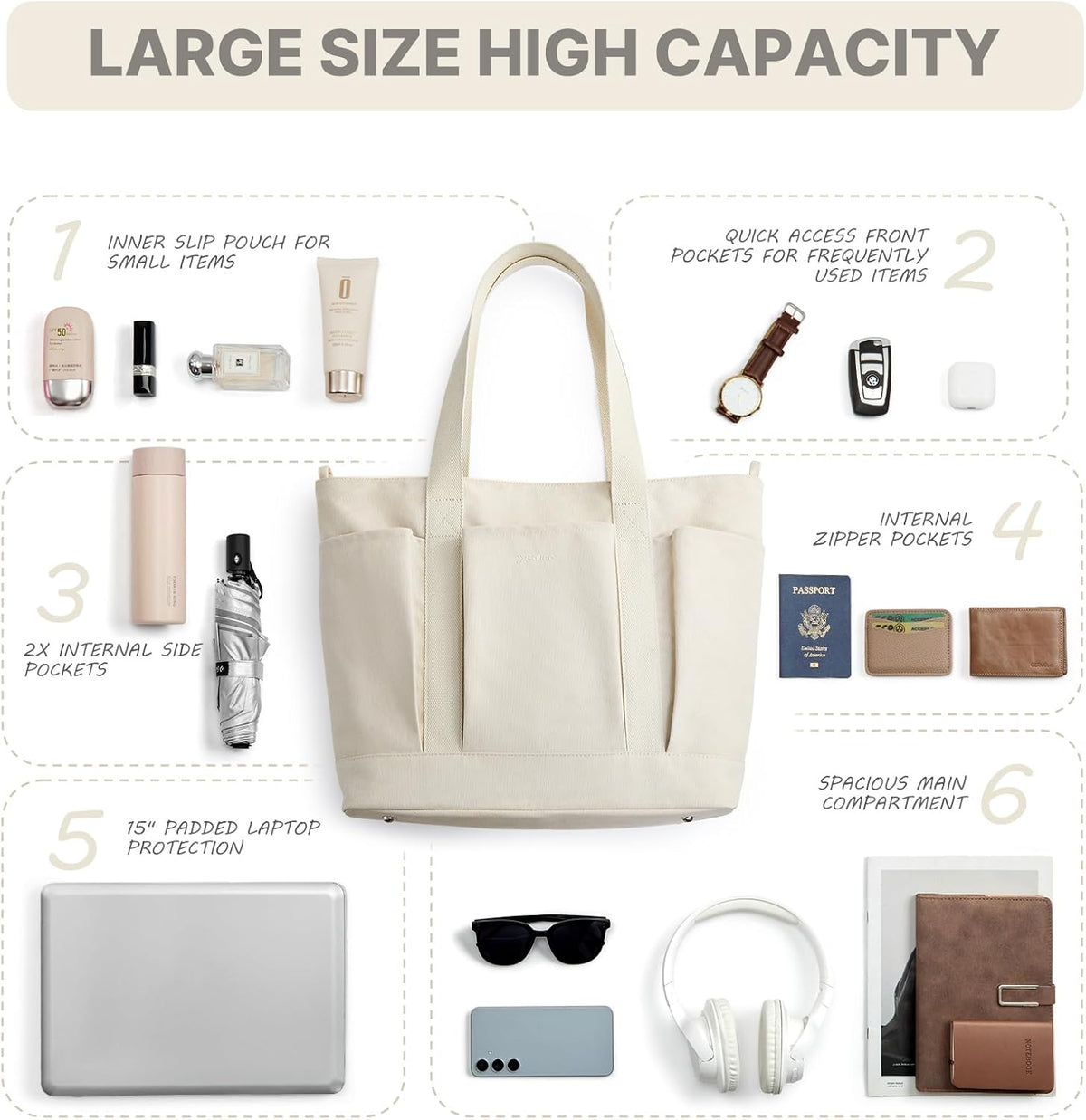G4Free G4free Large Zipper Canvas Tote Bag With Laptop Sleeve 