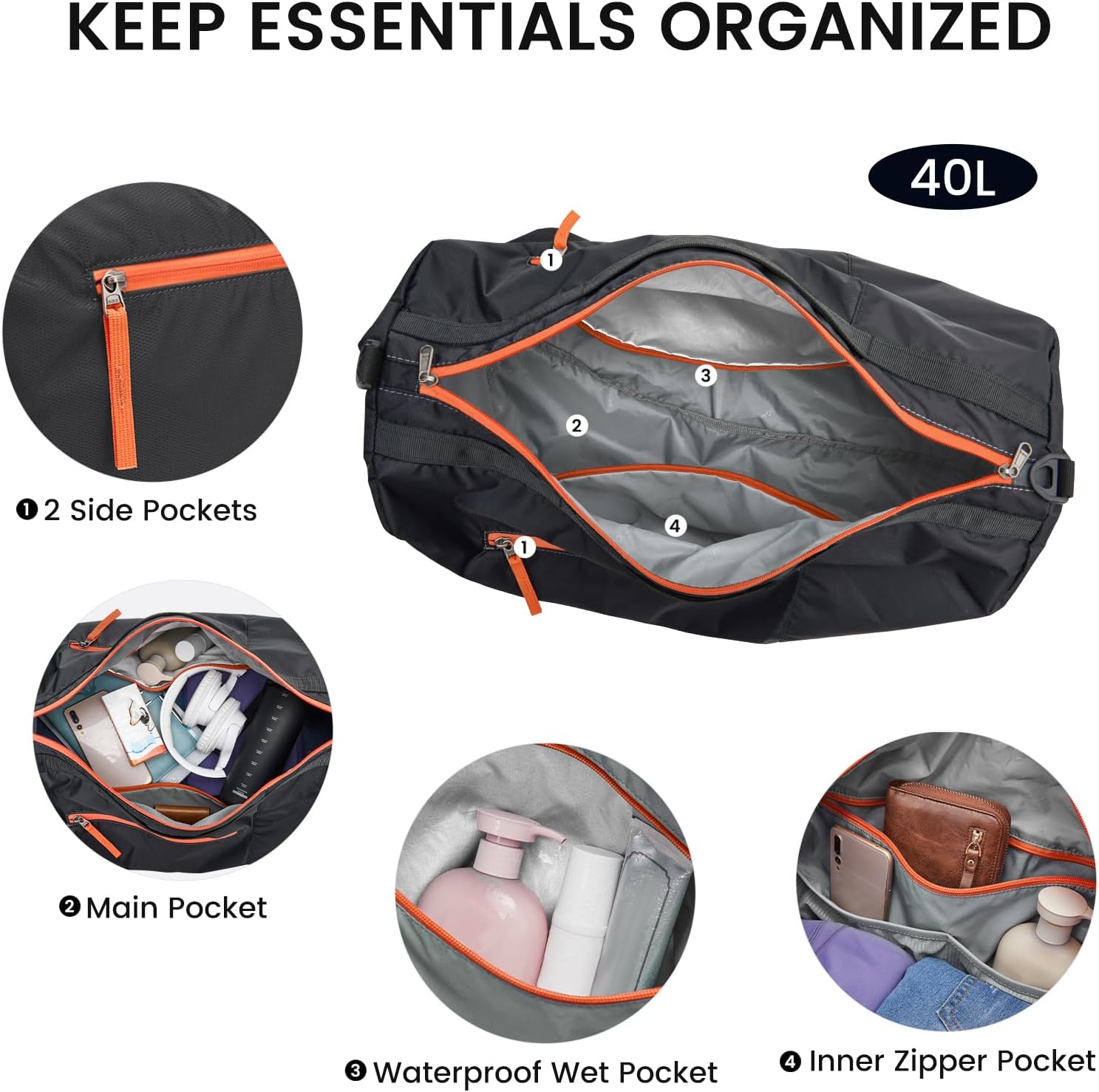 G4Free G4Free 40L Large Gym Wet Pocket  Duffel Bag 