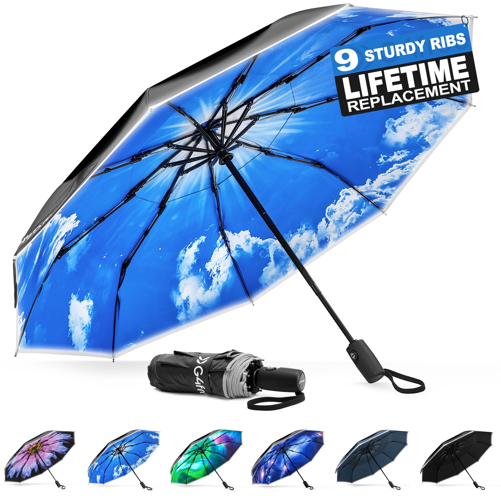 G4Free G4Free Eco Fiberglass Frame Double Canopy Reflective Strip Auto Folding Umbrella 