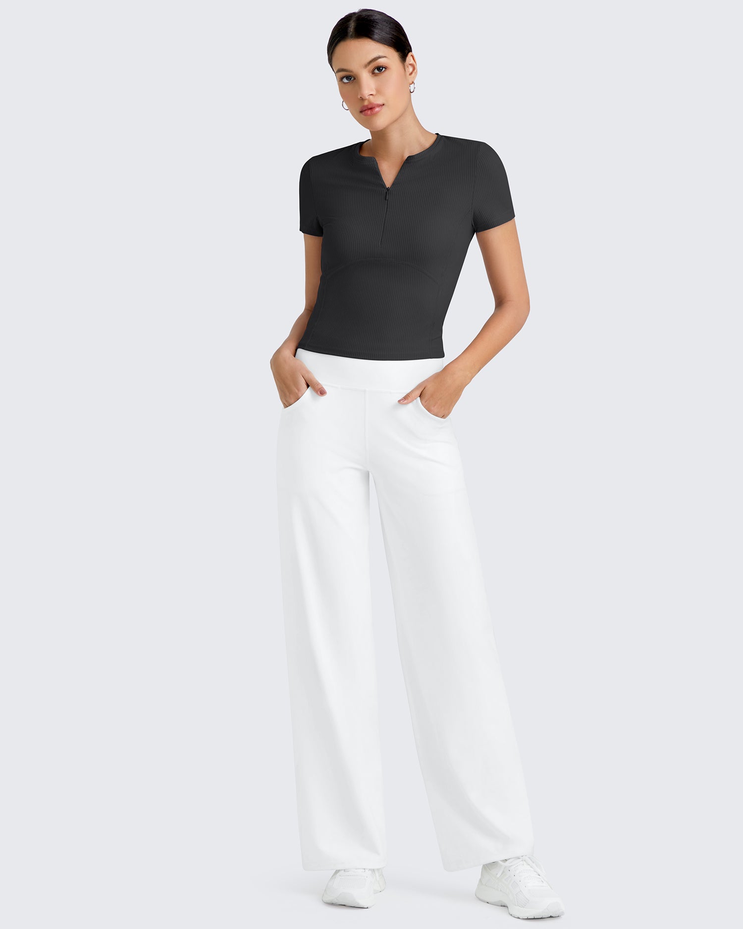 Ribbed Half Zip Slim Work Out Short Sleeve