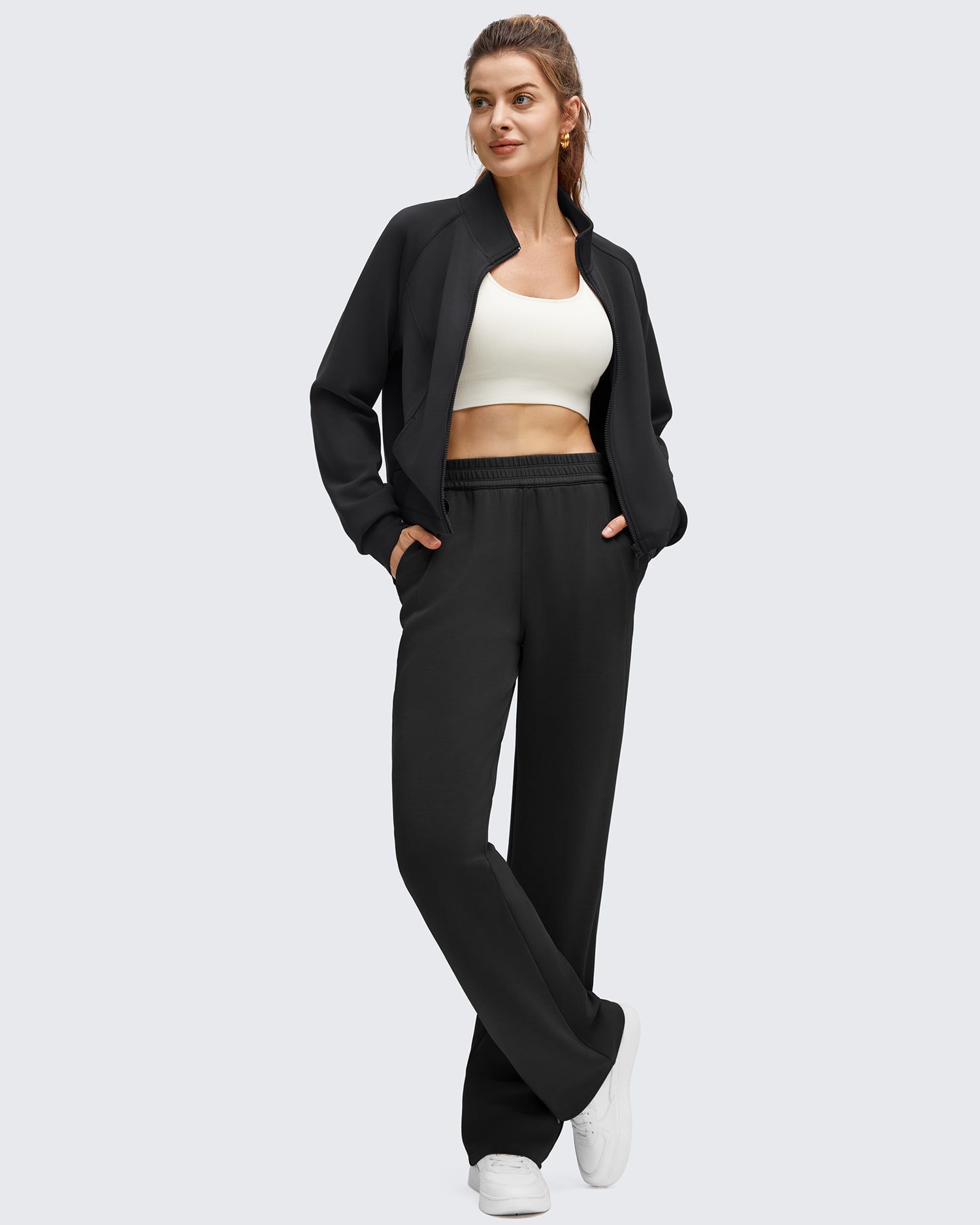 Smoofit Modal Zip Up Mock Neck Pockets Sweatshirts