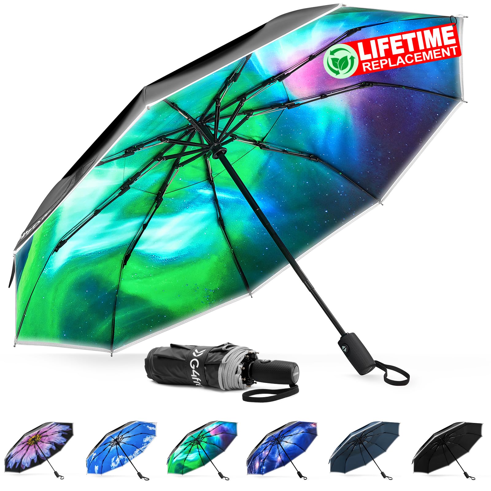 G4Free G4Free Eco Fiberglass Frame Double Canopy Reflective Strip Auto Folding Umbrella 