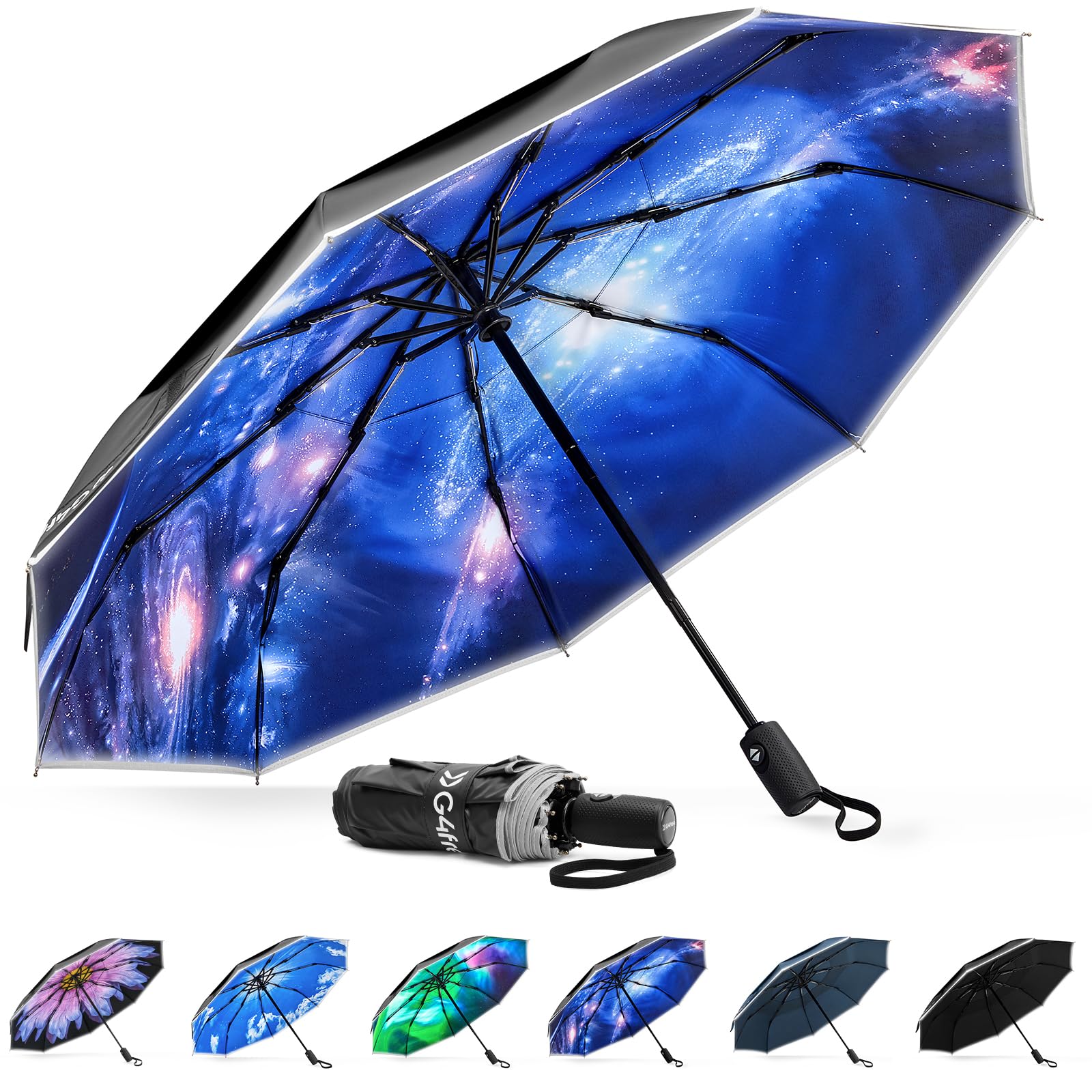 G4Free G4Free Eco Fiberglass Frame Double Canopy Reflective Strip Auto Folding Umbrella 