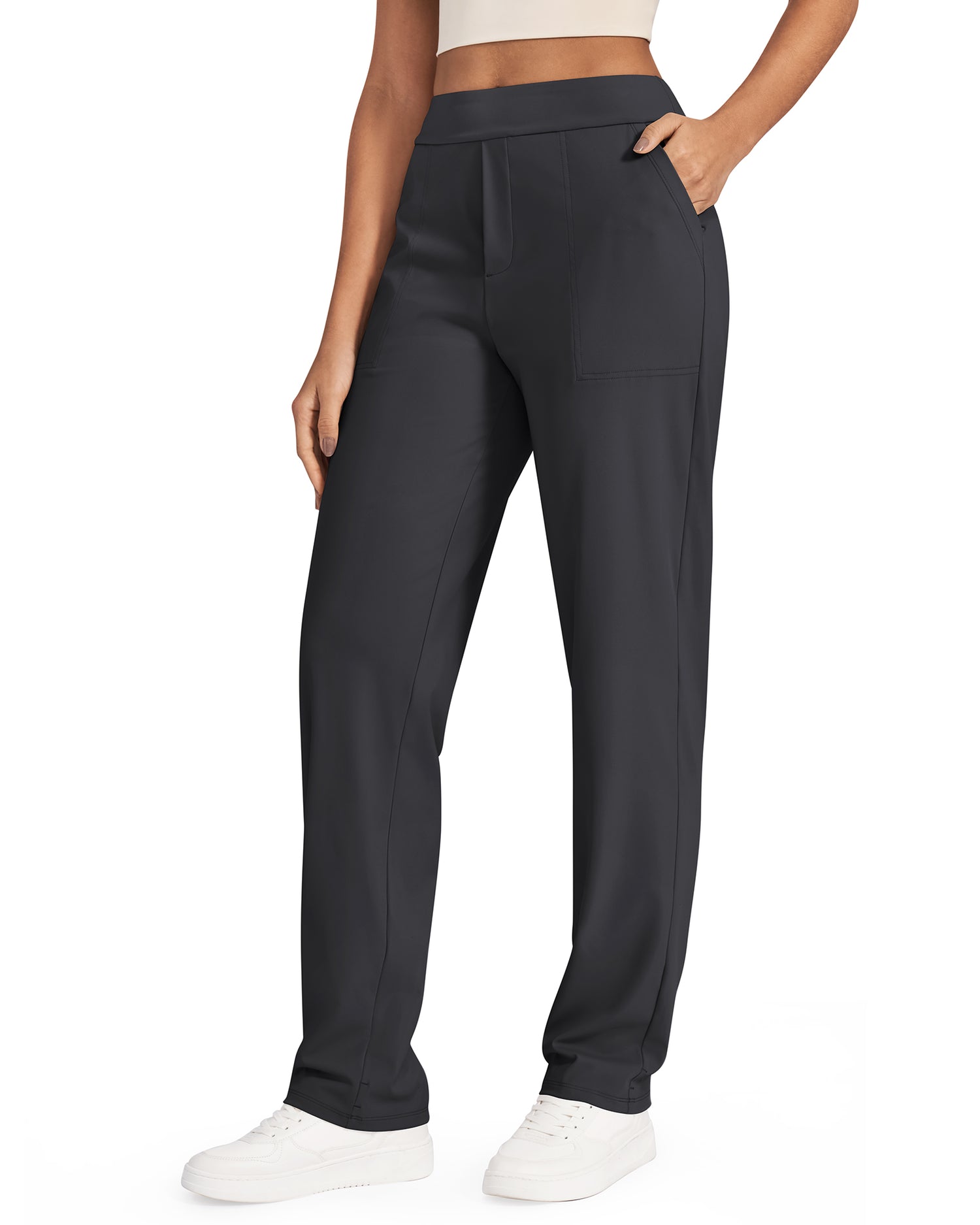 High Waist Straight Work Pants with Pockets 32"