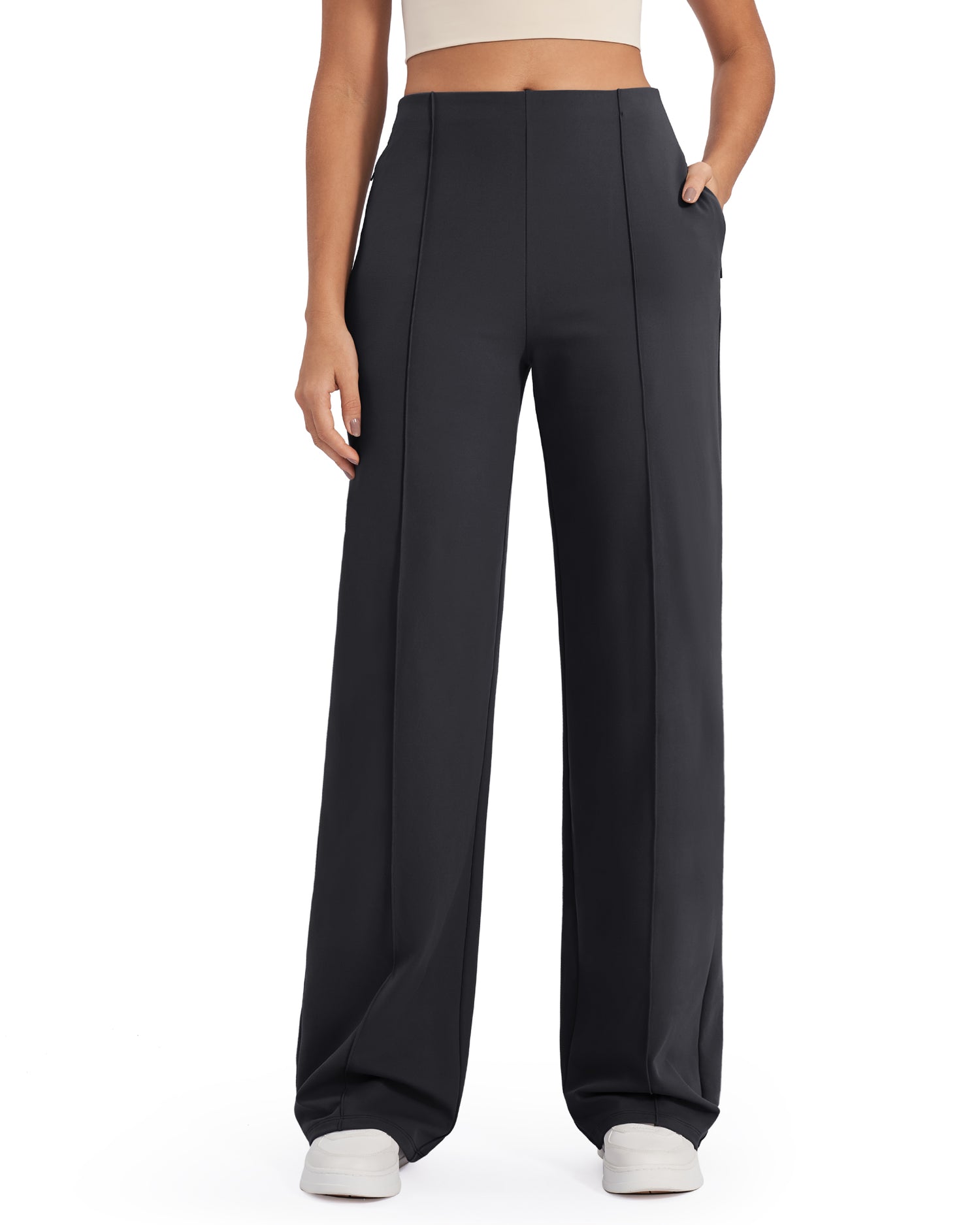 Business Casual Front Pleats Wide Leg Pants with Pockets