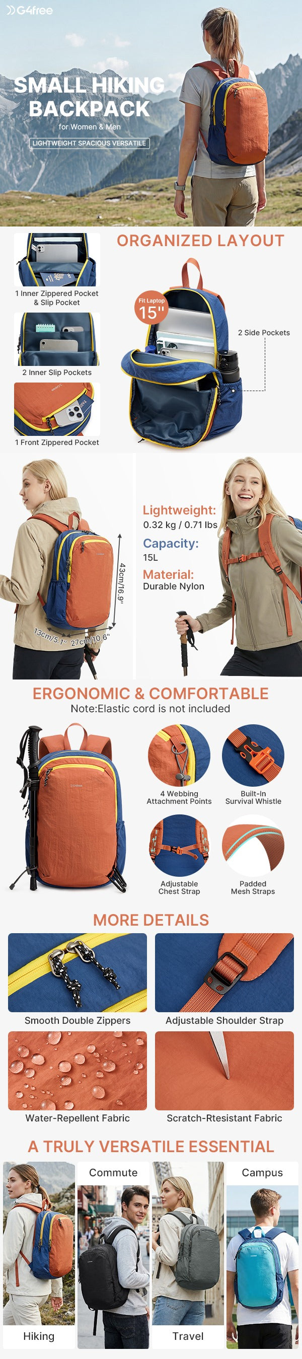 G4Free 15L Lightweight Hiking Travel Casual Daypack