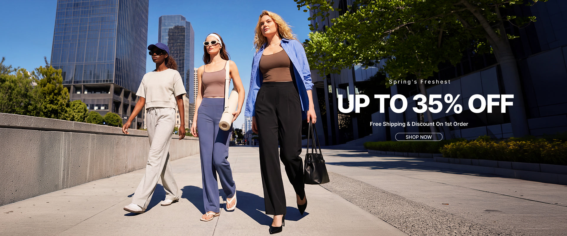 Three women walking outdoors with a promotional banner for up to 35% off in the background.