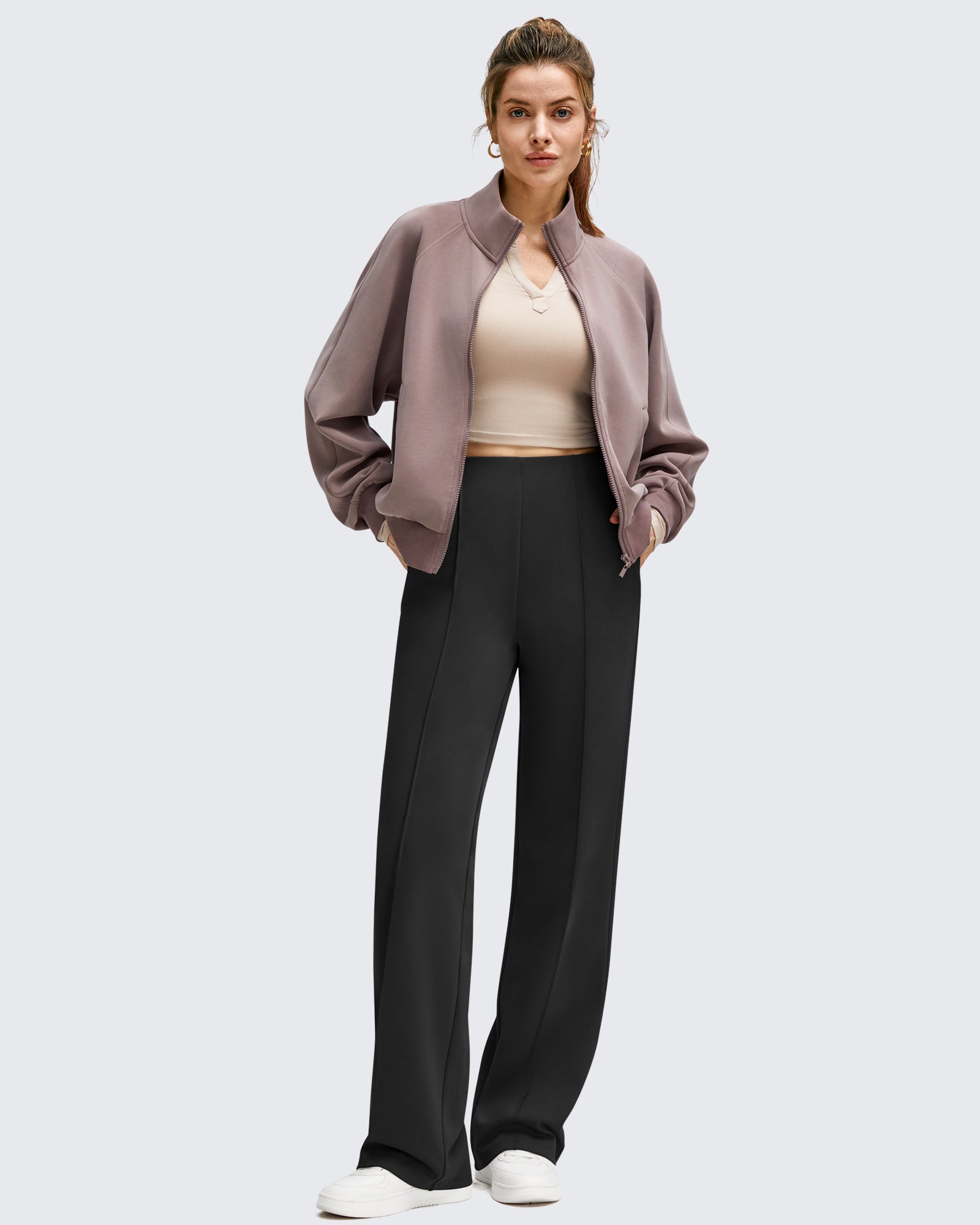 G4Free Activewear - Business Front Pleats Wide Leg Fleece Lined Pants -GF25J619AA-S-GF25J620AA-S-GF25J621AA-S-GF25J619AB-M-GF25J620AB-M