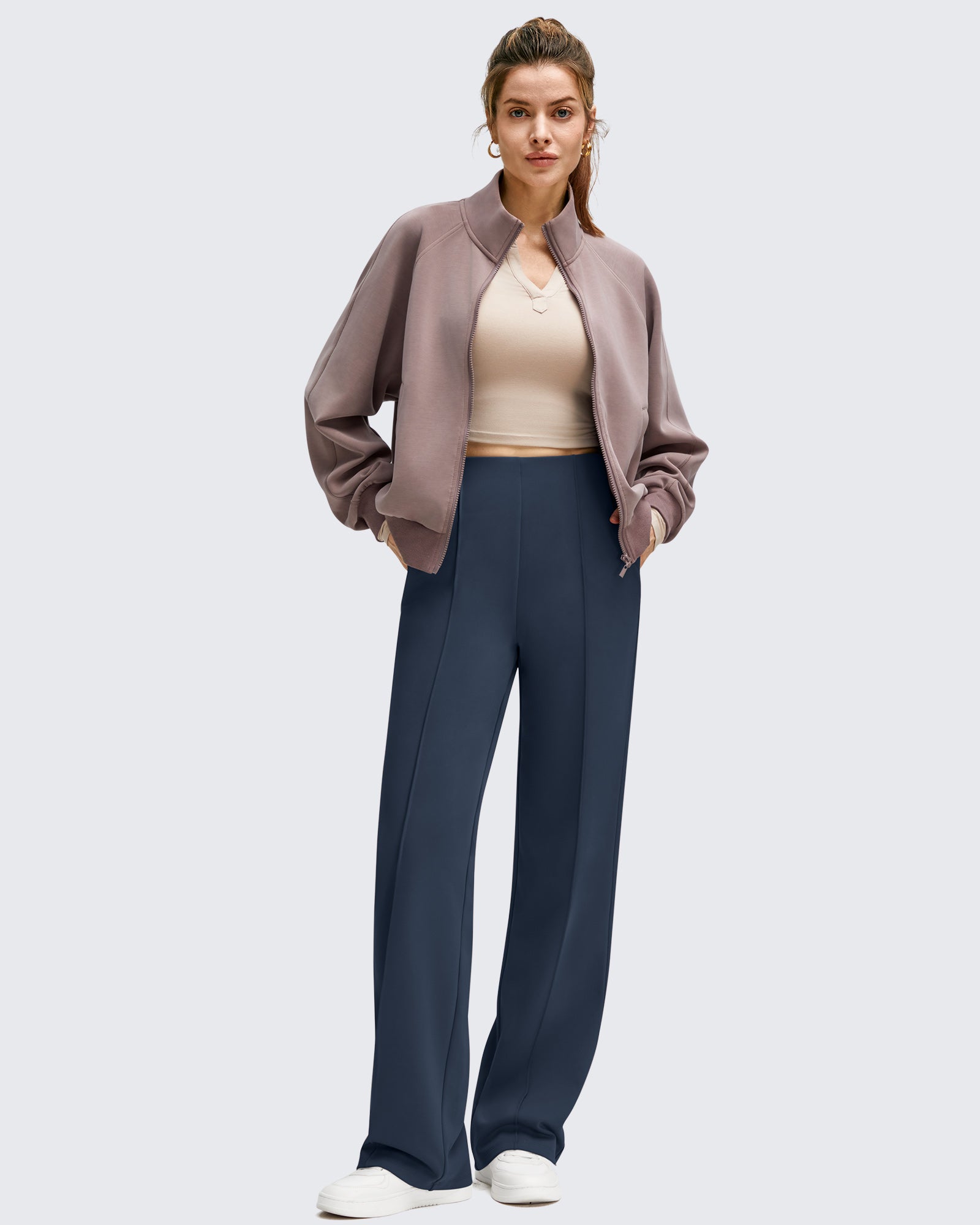 G4Free Activewear - Business Front Pleats Wide Leg Fleece Lined Pants -GF25J619AA-S-GF25J620AA-S-GF25J621AA-S-GF25J619AB-M-GF25J620AB-M