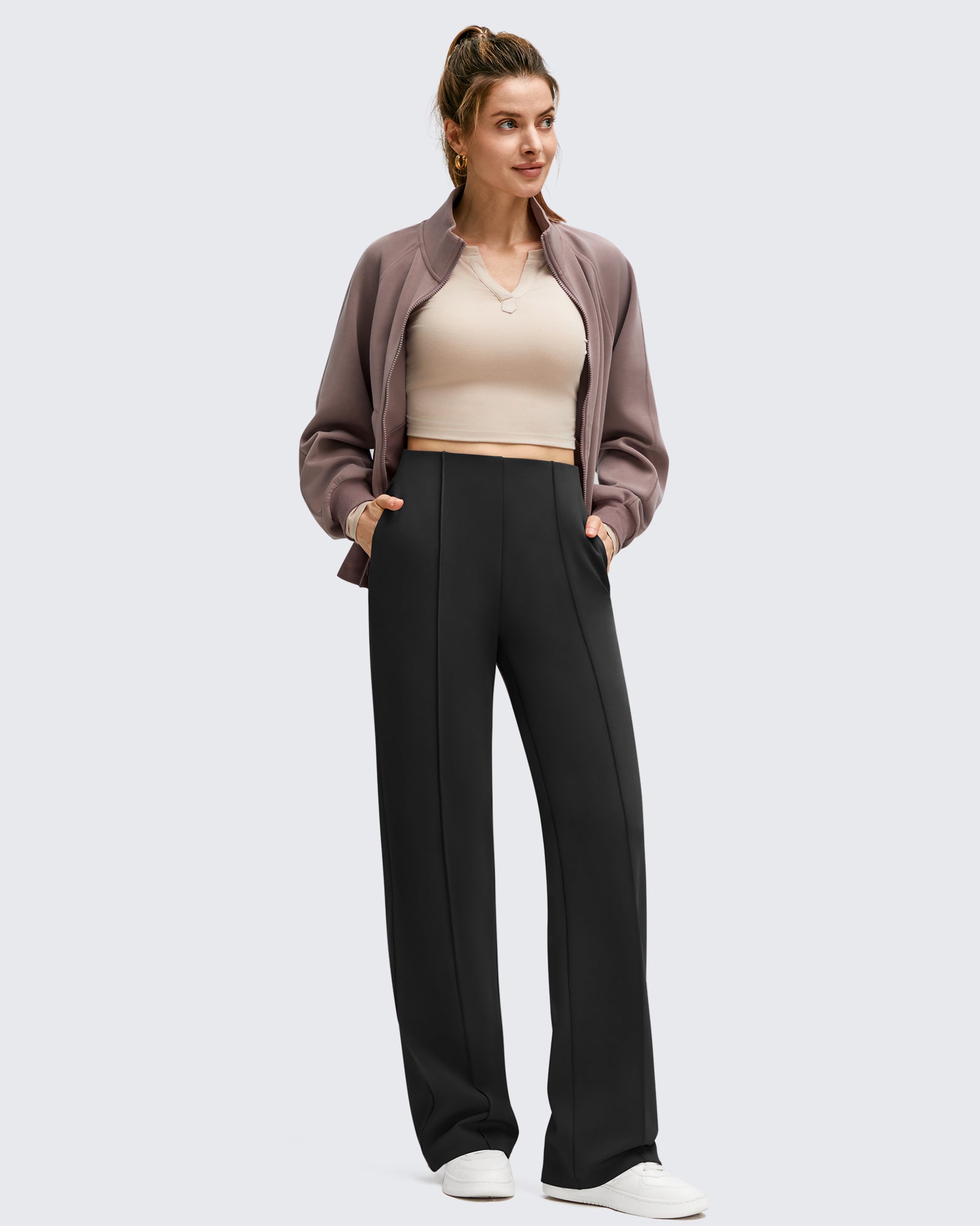 G4Free Activewear - Business Front Pleats Wide Leg Fleece Lined Pants -GF25J619AF-XS-GF25J620AF-XS-GF25J621AF-XS-GF25J619AA-S-GF25J620AA-S