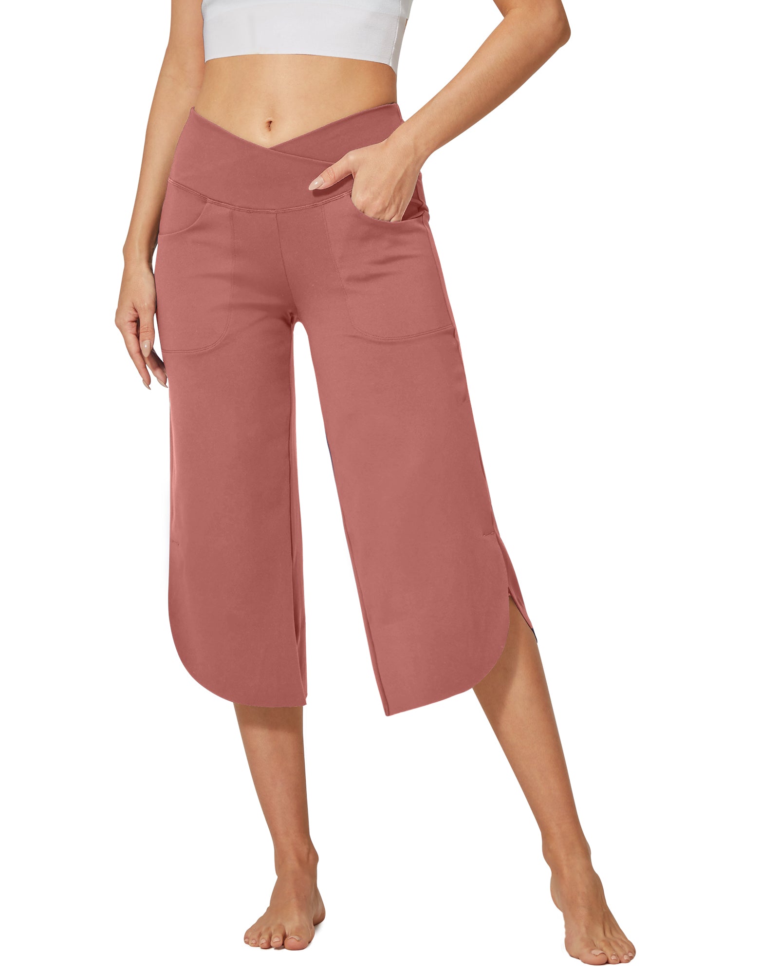 G4Free Activewear - EverGoing Wide Leg High-Waist Crossover Capri Pants 21 -GF22J111AF-XS-GF22J111AA-S-GF22J111AB-M-GF22J111AC-L-GF22J111AD-XL