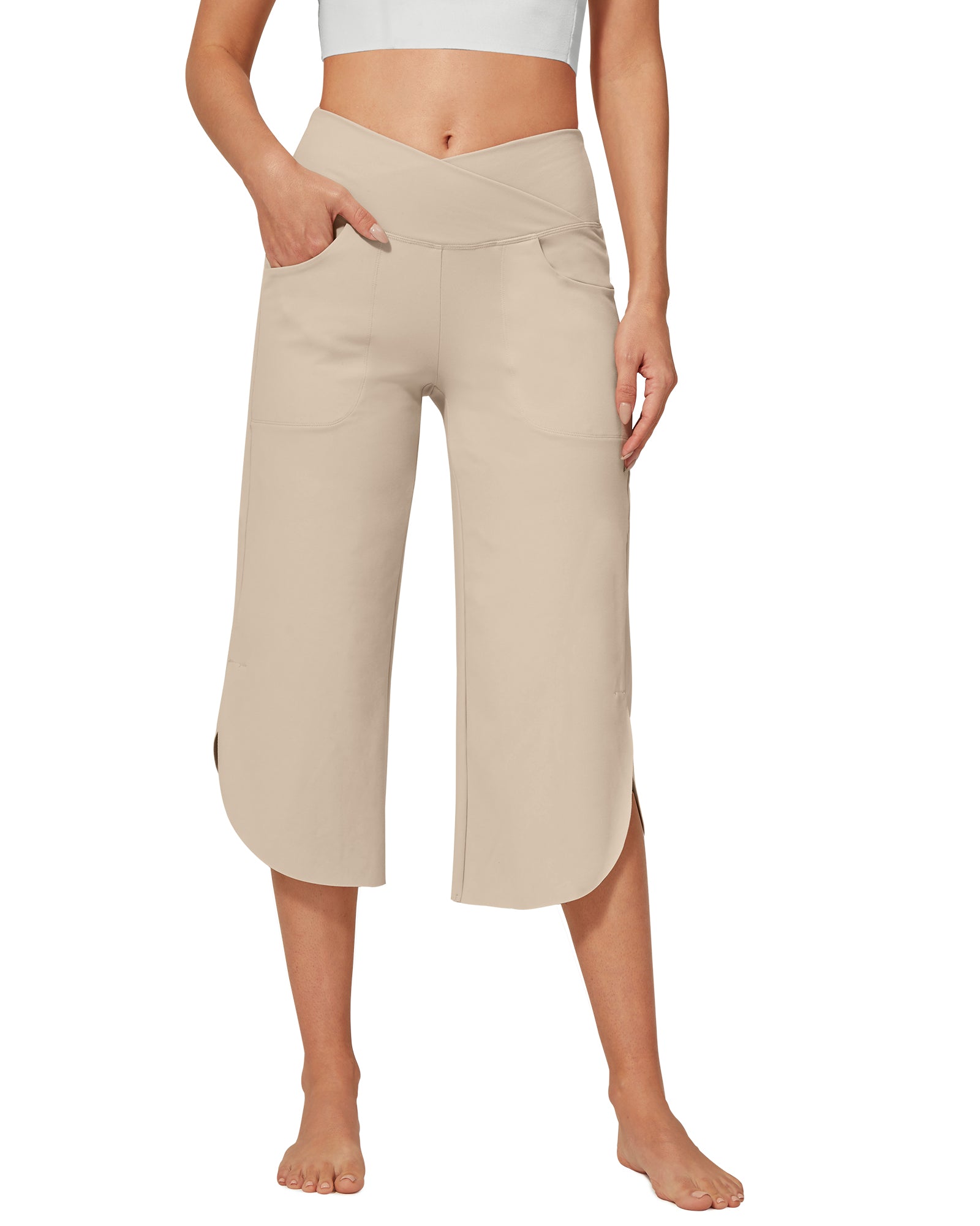 G4Free Activewear - EverGoing Wide Leg High-Waist Crossover Capri Pants 21 -GF22J111AF-XS-GF22J111AA-S-GF22J111AB-M-GF22J111AC-L-GF22J111AD-XL