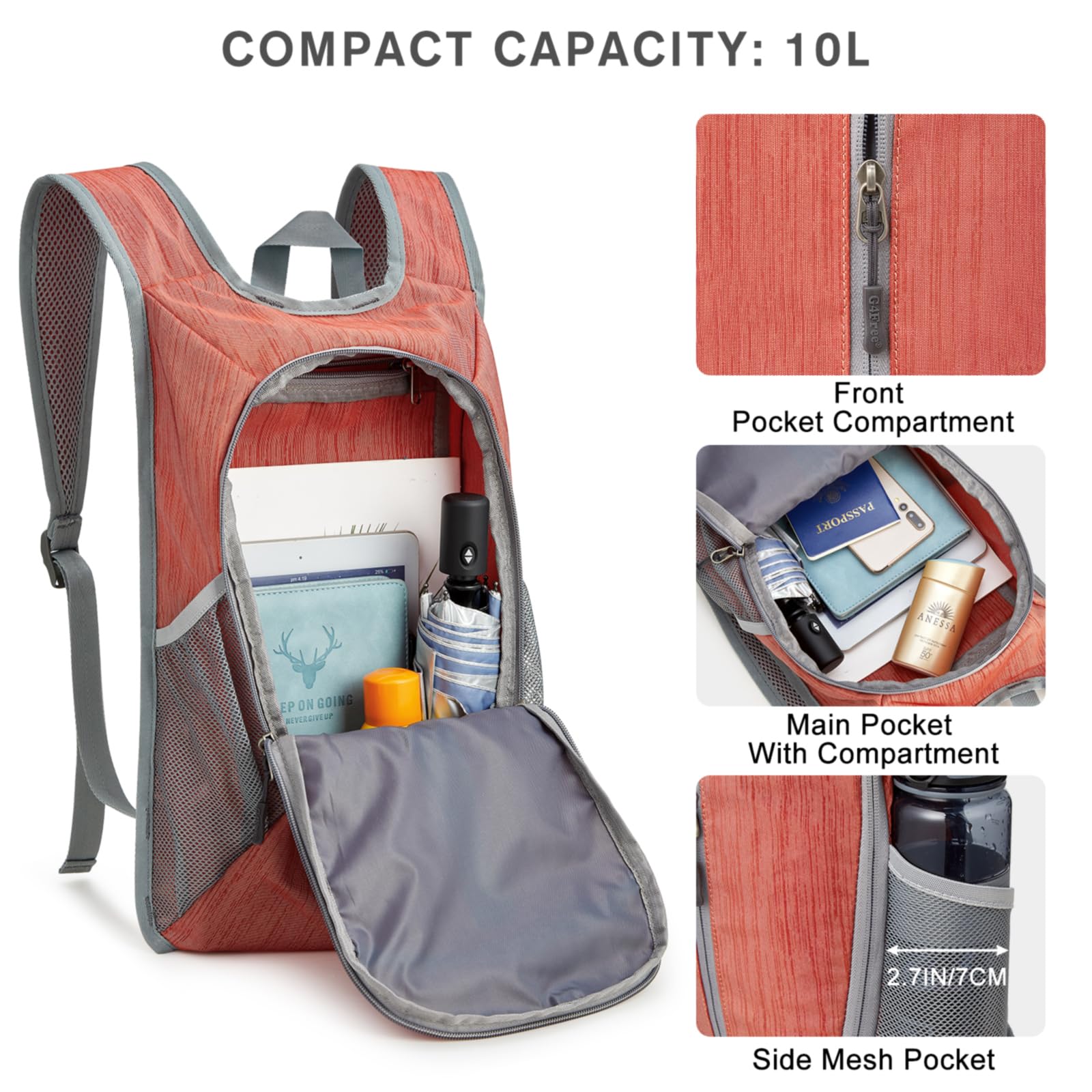 G4Free Activewear - G4Free 10L Small Travel Hiking Daypack -TN22B157E-TN22B157A-TN22B157G-TN22B157B-TN22B157J