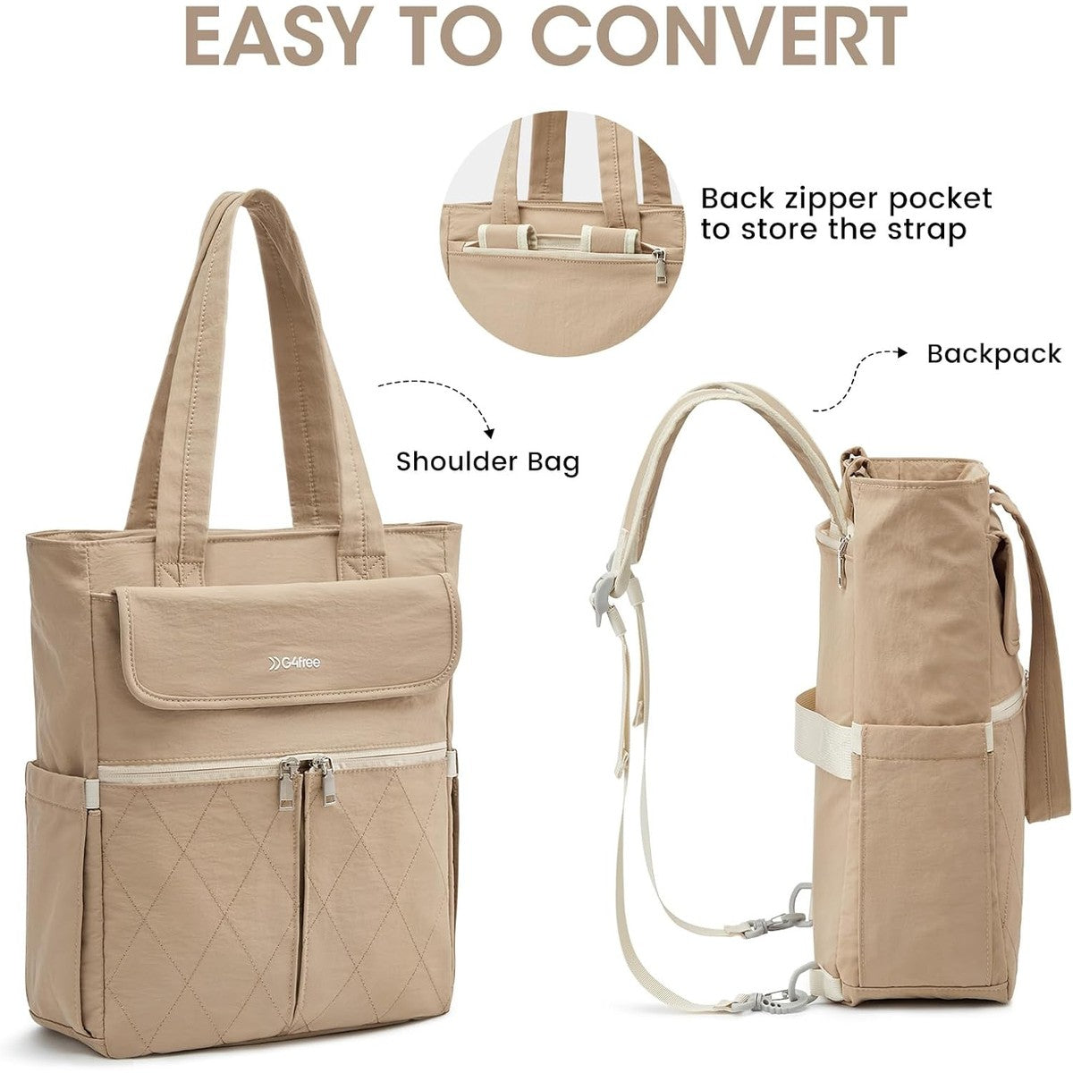 G4Free Activewear - G4Free 2 in 1 Tote Backpack Fits 15" Laptop, Women Bag Daypack -TN24B475A-TN24B475C-TN24B475B