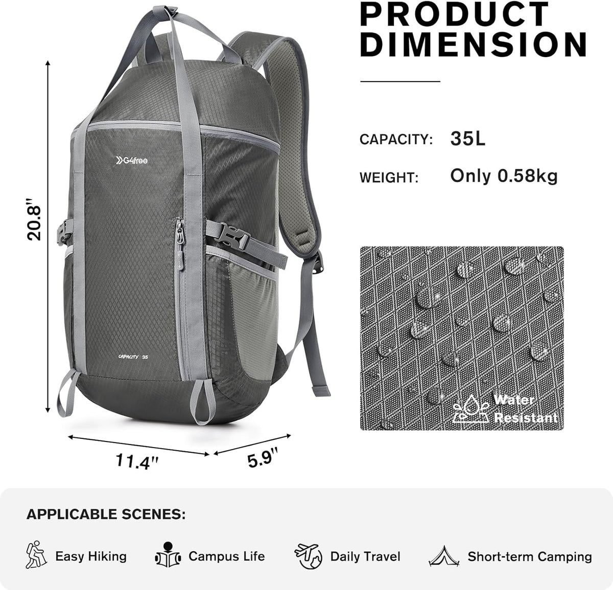 G4Free Activewear - G4Free 35L Waterproof Travel Hiking Backpack -TN24B438C-TN24B438B-TN24B438A