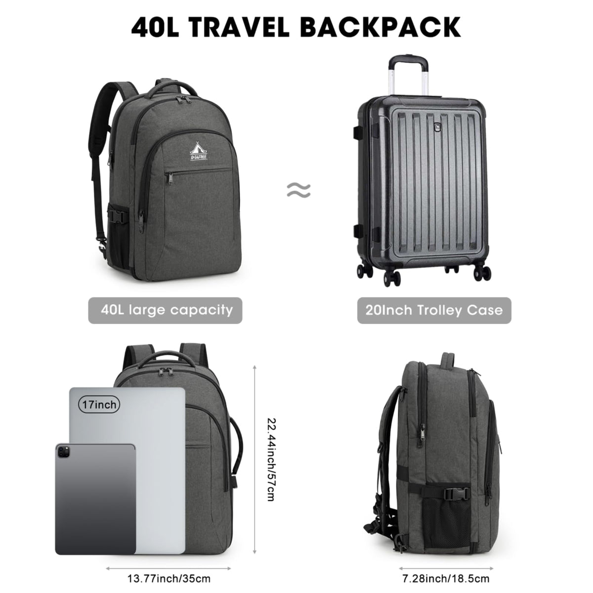 G4Free Activewear - G4Free 40l Carry On Waterproof  Travel Backpack For Women Men -TN23B188A