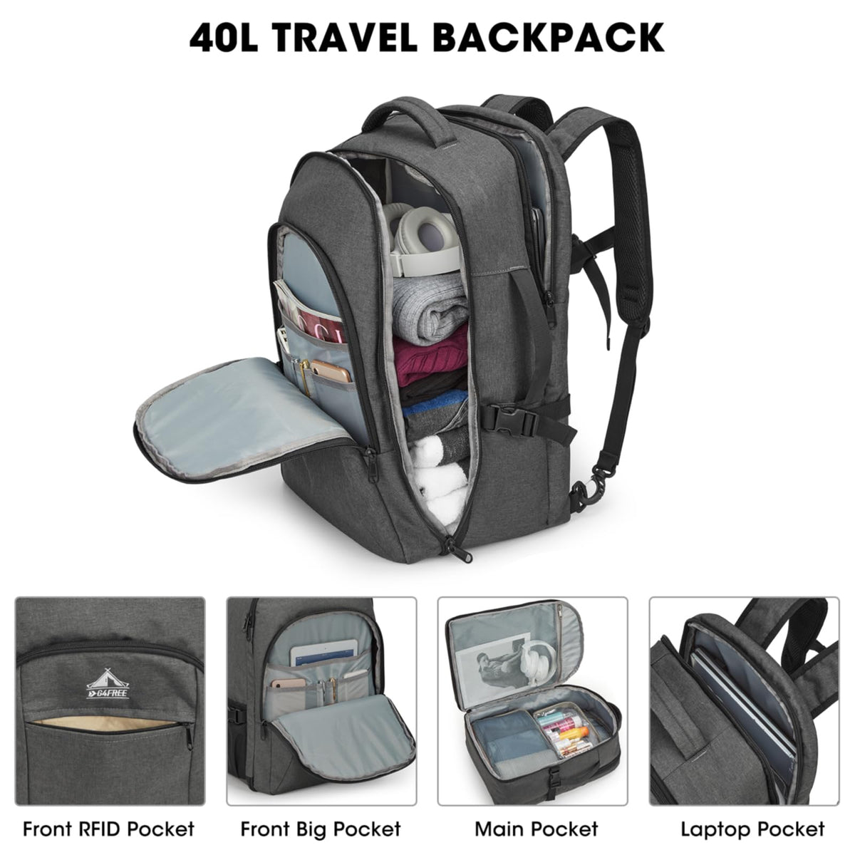 G4Free Activewear - G4Free 40l Carry On Waterproof  Travel Backpack For Women Men -TN23B188A