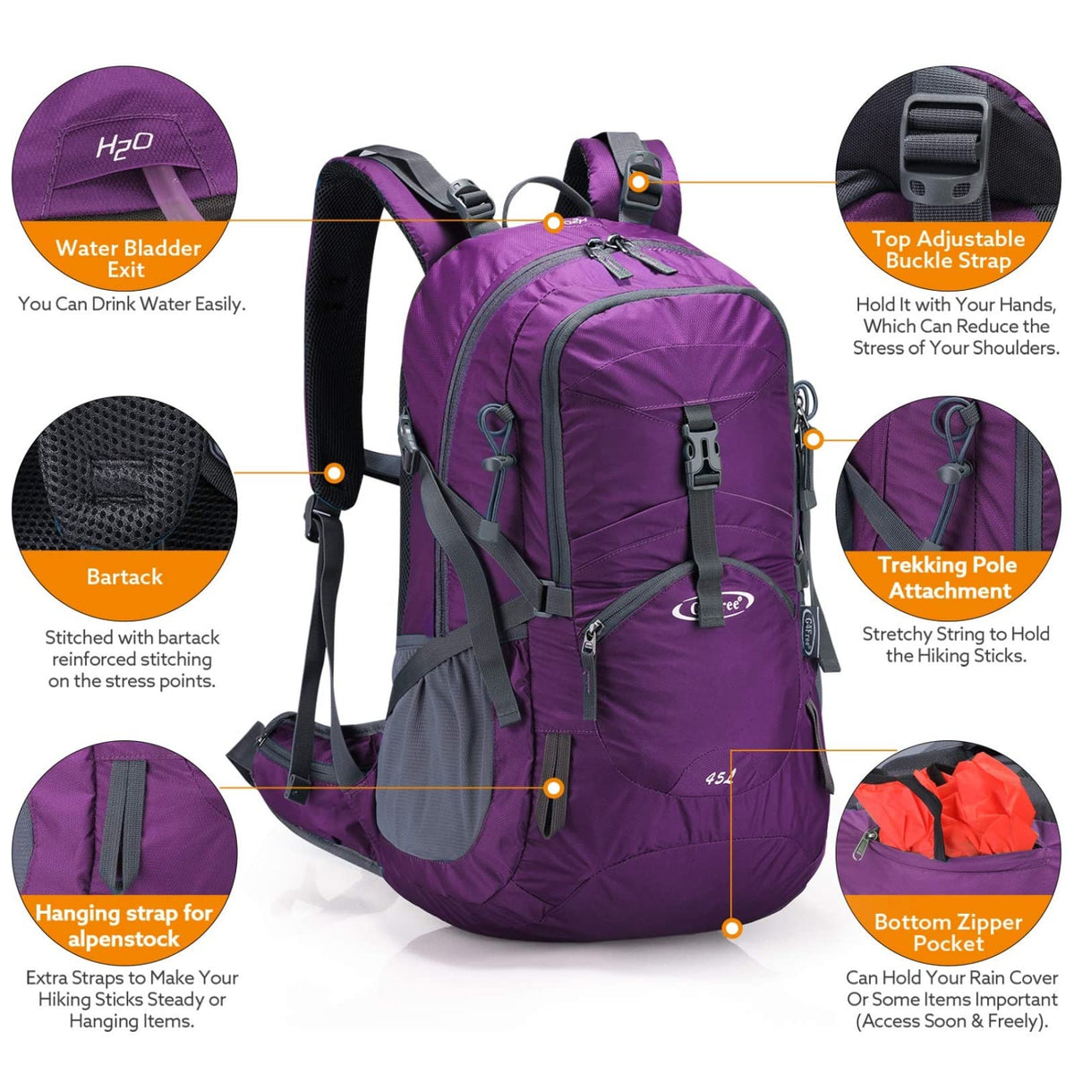 G4Free Activewear - G4Free 45L Waterproof Hiking Travel Backpack with Rain Cover -D02V648A-D02V648B-D02V648C-D02V648D