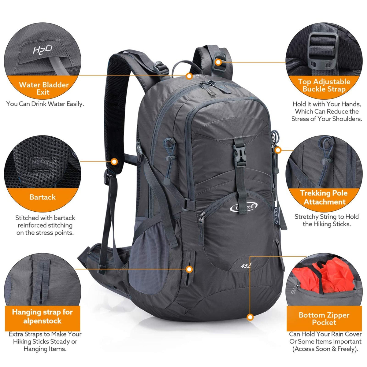 G4Free Activewear - G4Free 45L Waterproof Hiking Travel Backpack with Rain Cover -D02V648A-D02V648B-D02V648C-D02V648D