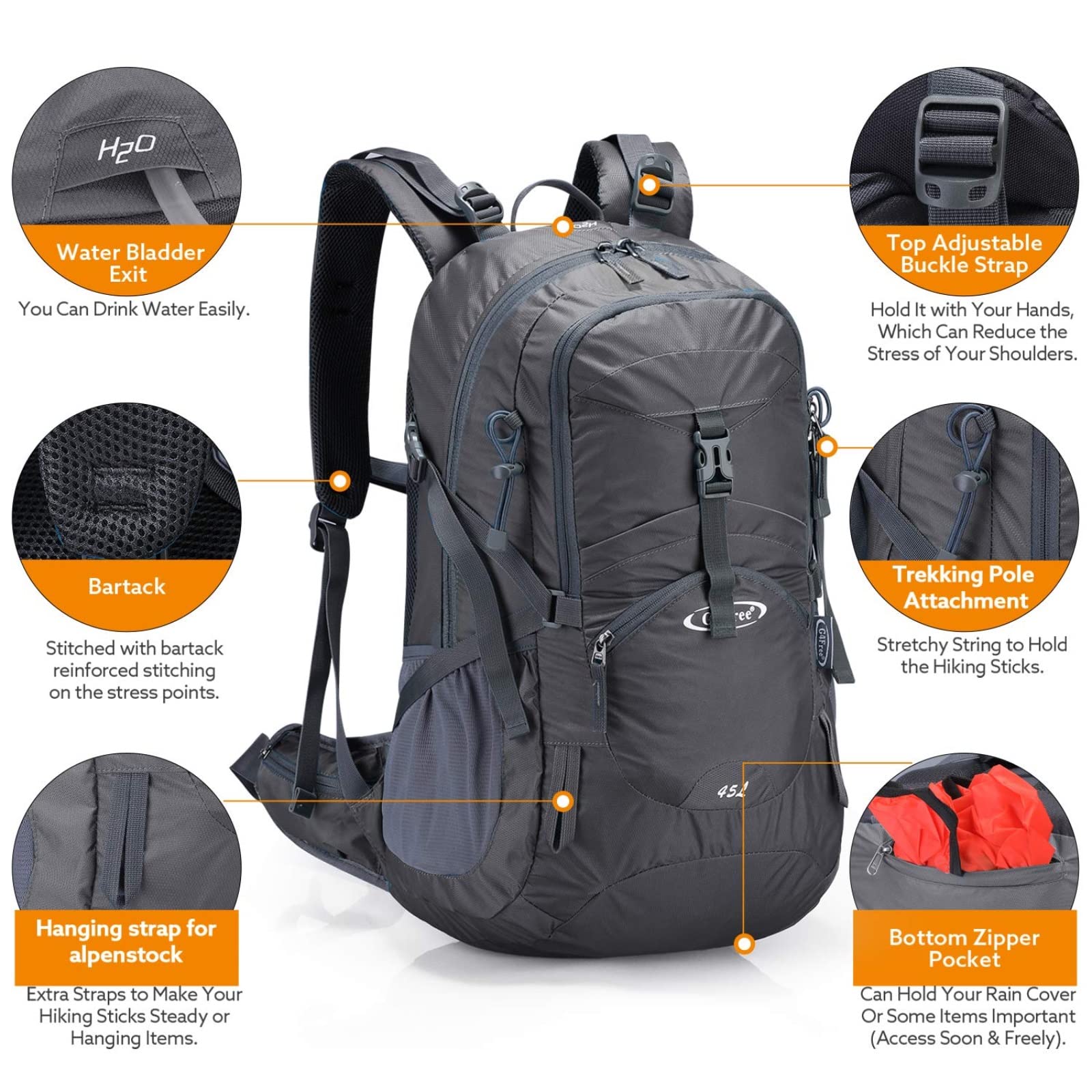 G4Free Activewear - G4Free 45L Waterproof Hiking Travel Backpack with Rain Cover -D02V648A-D02V648B-D02V648C-D02V648D