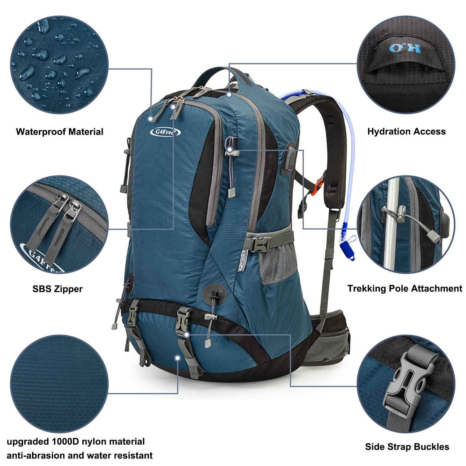 G4Free Activewear - G4Free 50L Waterproof Daypack with 2L BPA Free Bladder & Rain Cover -TN21B001A-TN21B001B-TN21B001F