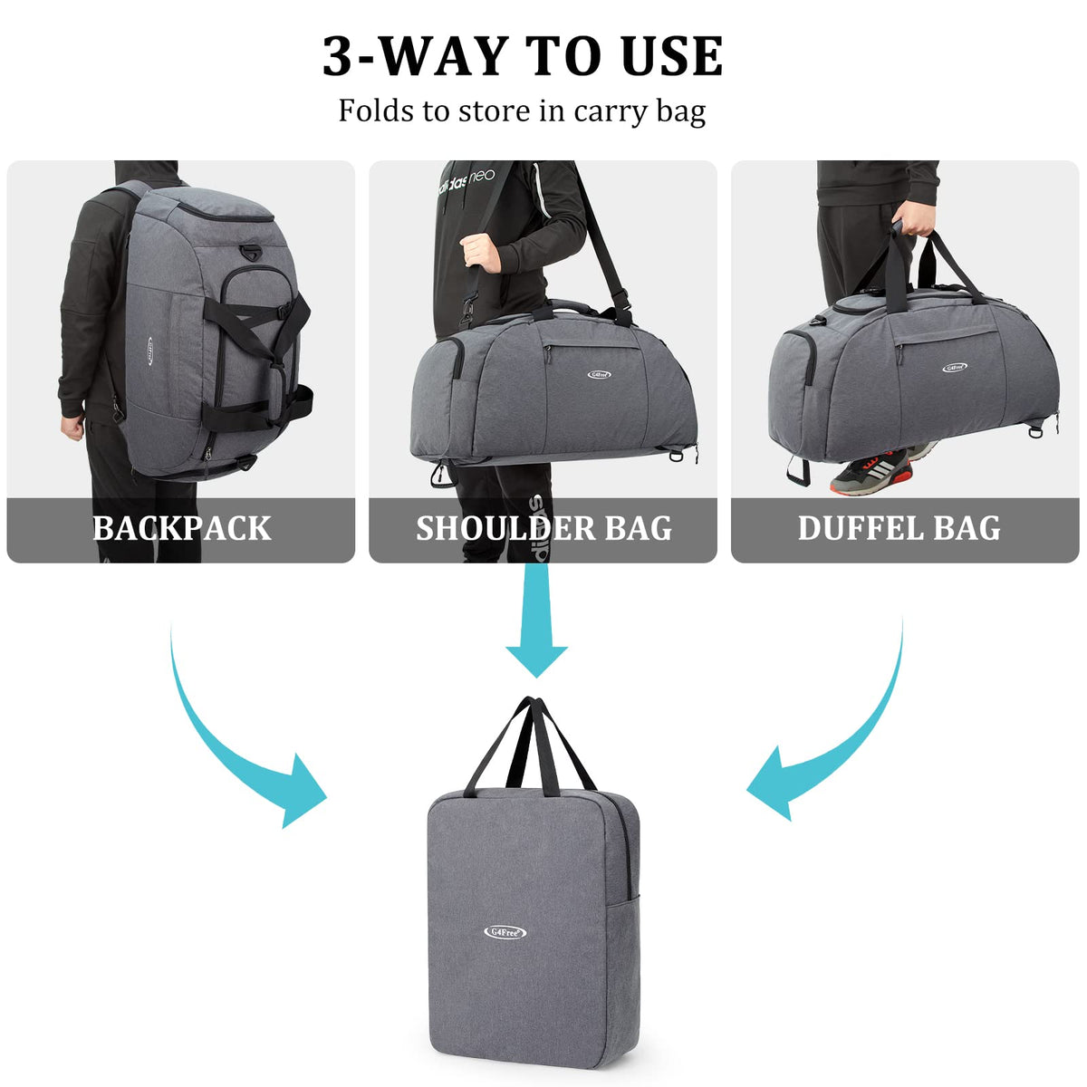 G4Free Activewear - G4Free 70L Large 3-Way Duffle Backpack Gym Bag with Shoe Compartment -TN22B134C-TN22B134B-TN22B134A