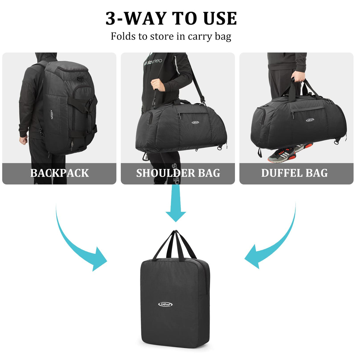 G4Free Activewear - G4Free 70L Large 3-Way Duffle Backpack Gym Bag with Shoe Compartment -TN22B134C-TN22B134B-TN22B134A
