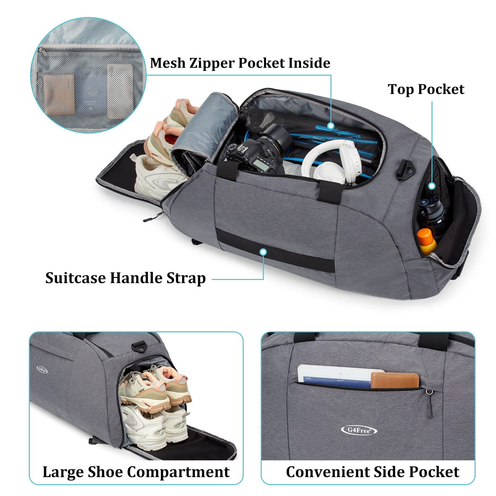 G4Free Activewear - G4Free 70L Large 3-Way Duffle Backpack Gym Bag with Shoe Compartment -TN22B134C-TN22B134B-TN22B134A