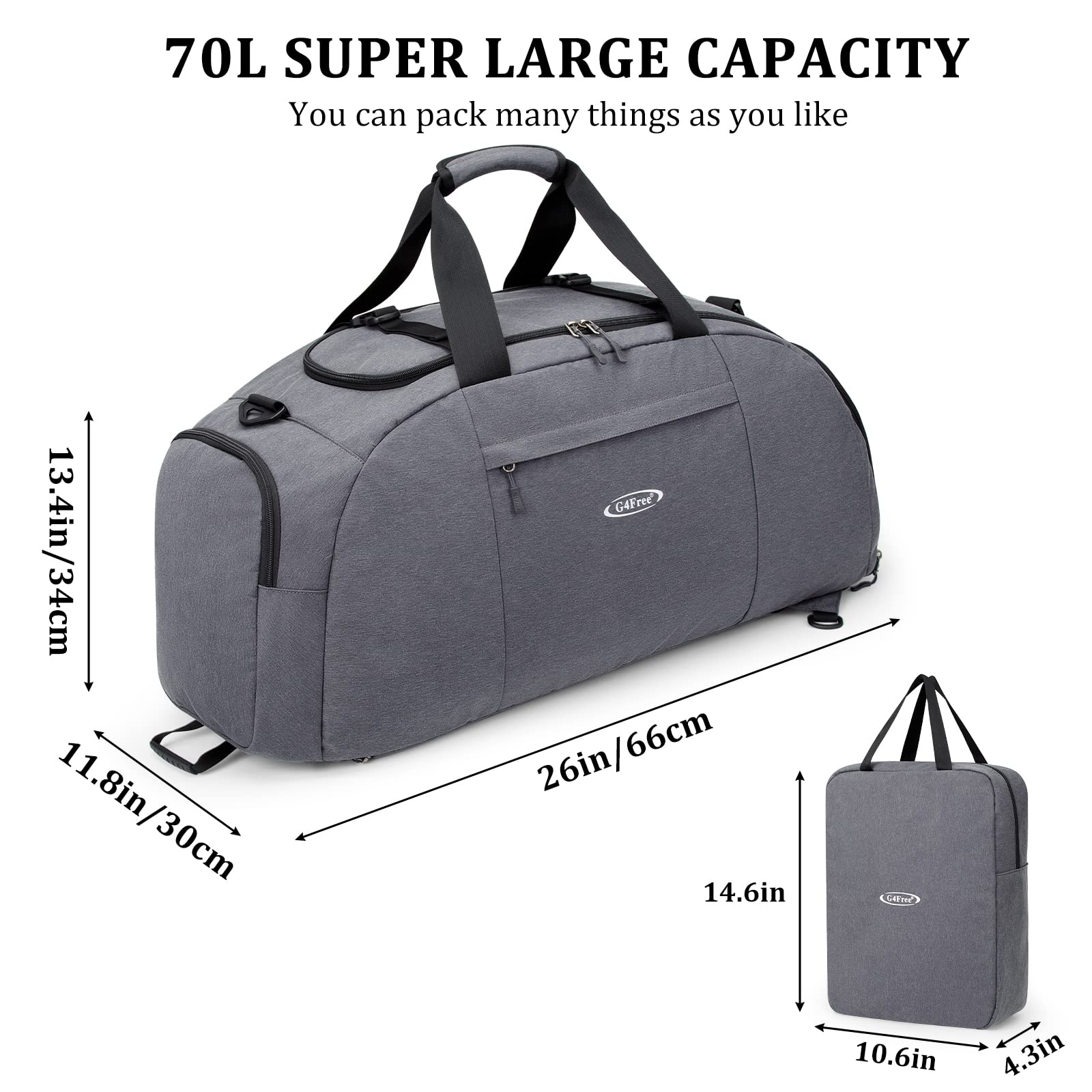 G4Free Activewear - G4Free 70L Large 3-Way Duffle Backpack Gym Bag with Shoe Compartment -TN22B134C-TN22B134B-TN22B134A