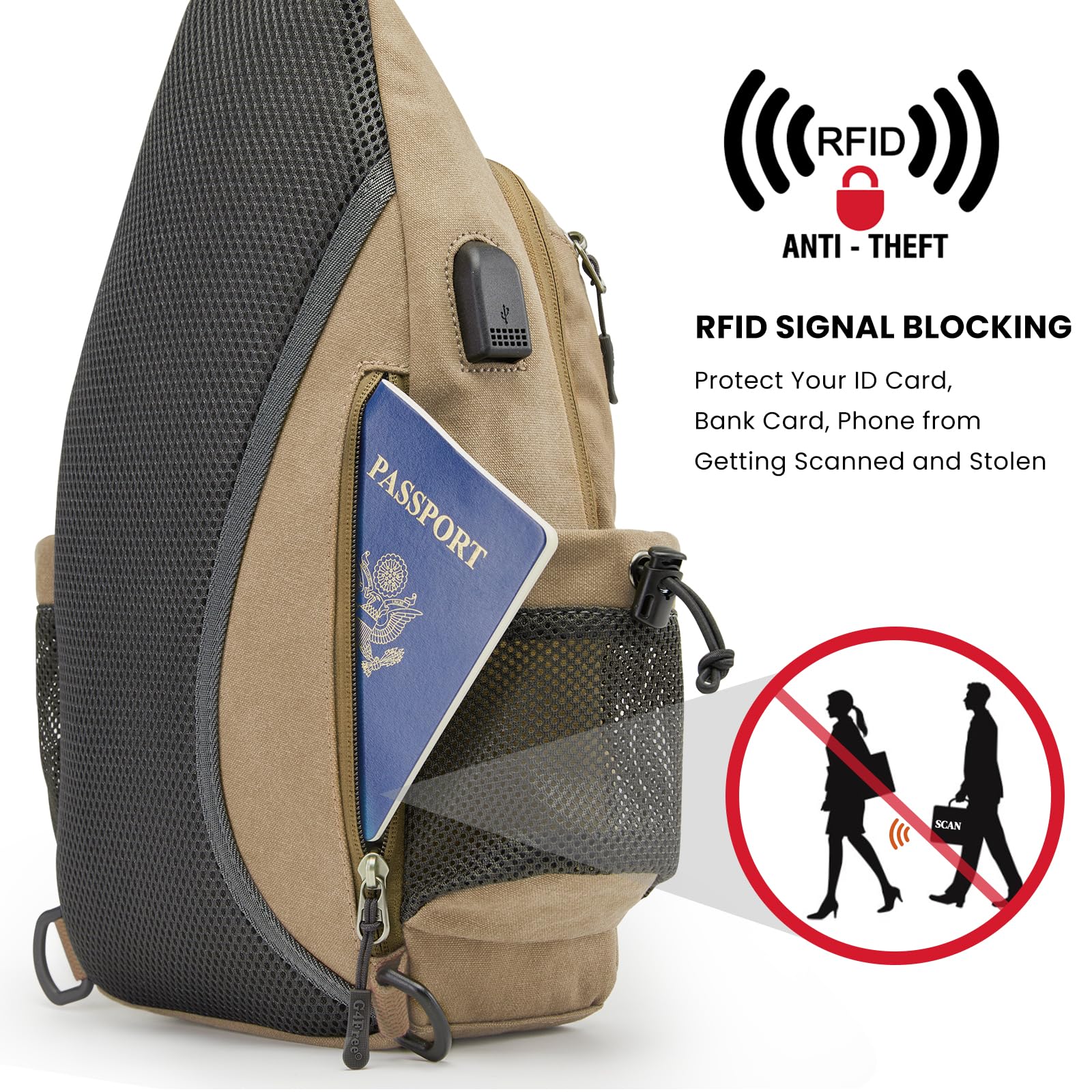 G4Free Activewear - G4Free Anti-Theft Canvas Sling Bag with USB Port -TN22B159A-TN22B159D-TN22B159C-TN22B159B-TN22B159F