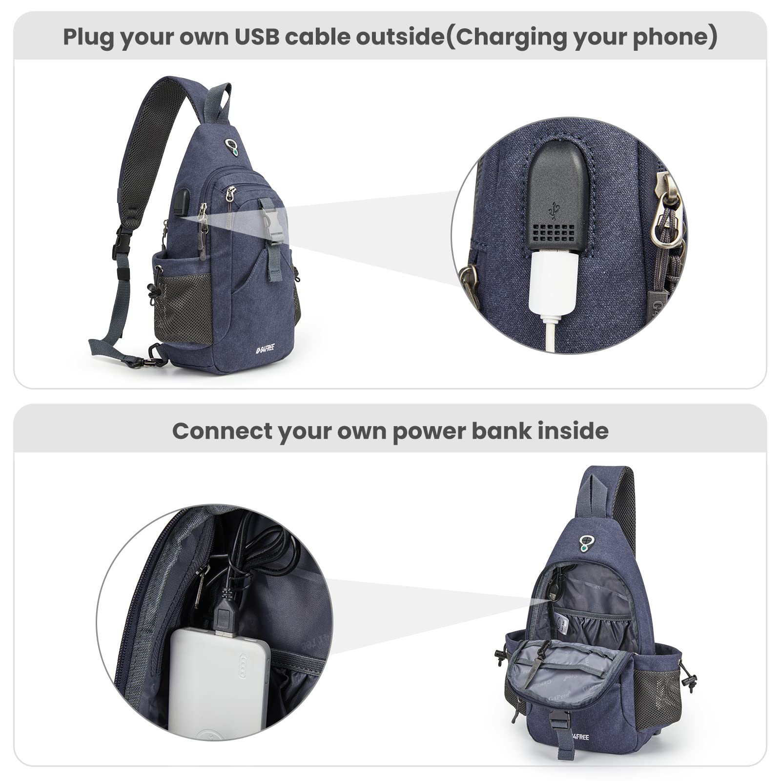 G4Free Activewear - G4Free Anti-Theft Canvas Sling Bag with USB Port -TN22B159A-TN22B159D-TN22B159C-TN22B159B-TN22B159F