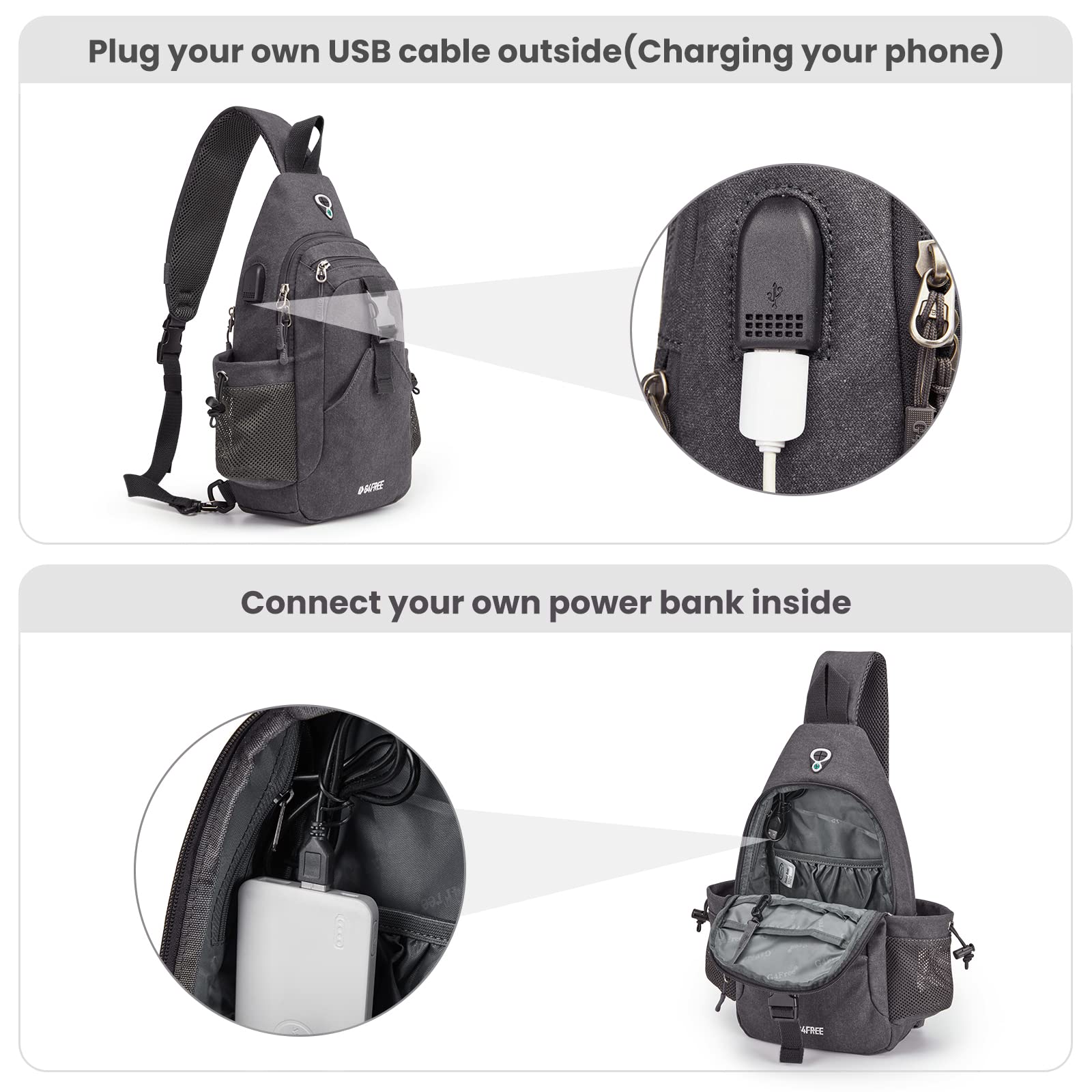 G4Free Activewear - G4Free Anti-Theft Canvas Sling Bag with USB Port -TN22B159A-TN22B159D-TN22B159C-TN22B159B-TN22B159F