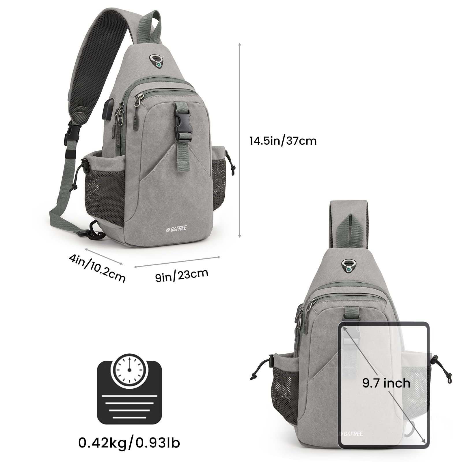 G4Free Activewear - G4Free Anti-Theft Canvas Sling Bag with USB Port -TN22B159A-TN22B159D-TN22B159C-TN22B159B-TN22B159F
