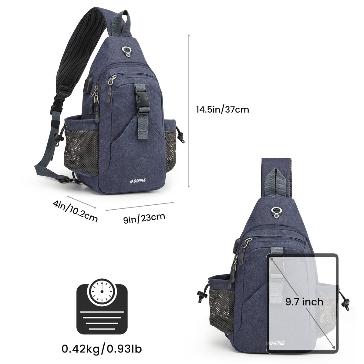 G4Free Activewear - G4Free Anti-Theft Canvas Sling Bag with USB Port -TN22B159A-TN22B159D-TN22B159C-TN22B159B-TN22B159F