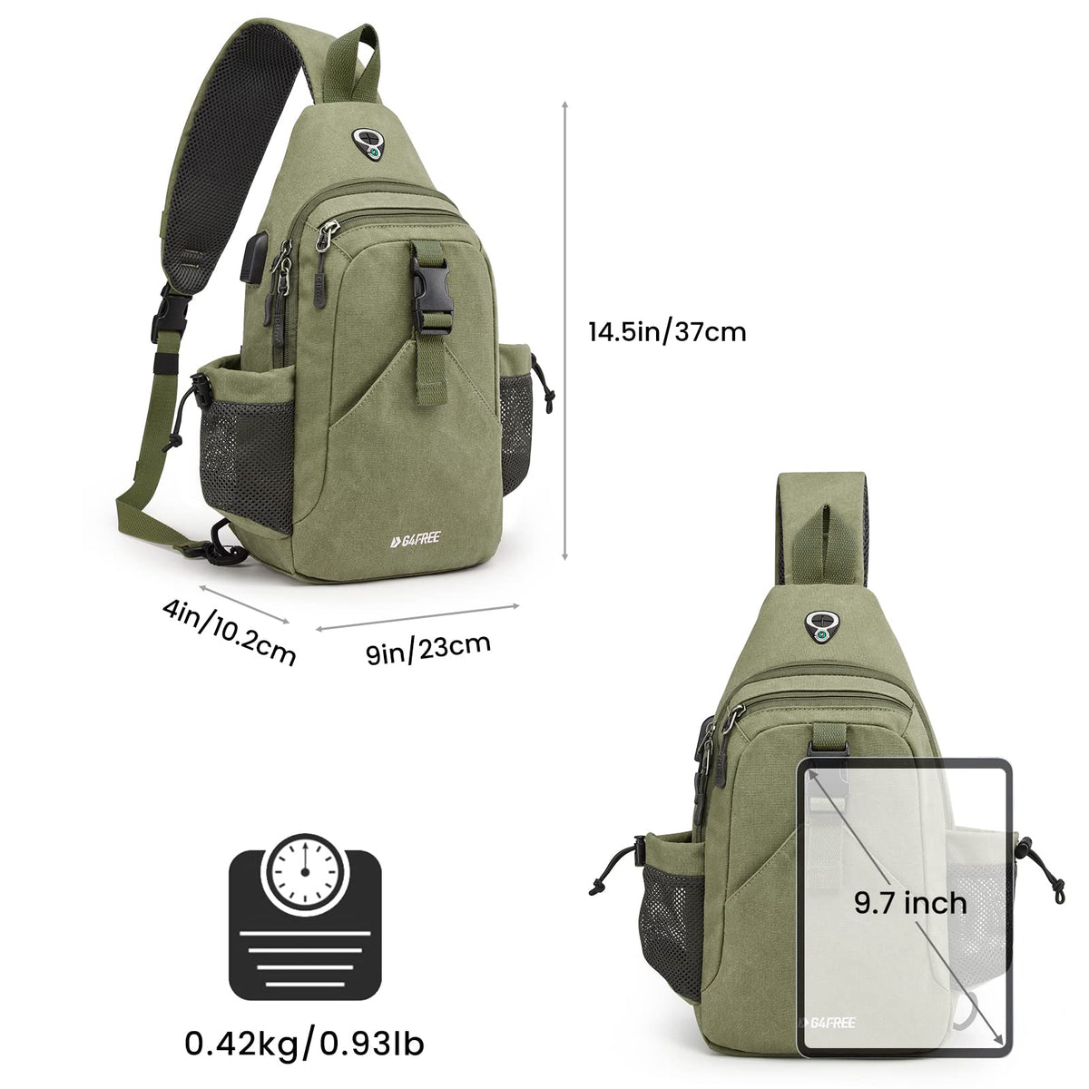 G4Free Activewear - G4Free Anti-Theft Canvas Sling Bag with USB Port -TN22B159C-TN22B159A-TN22B159D-TN22B159B-TN22B159F