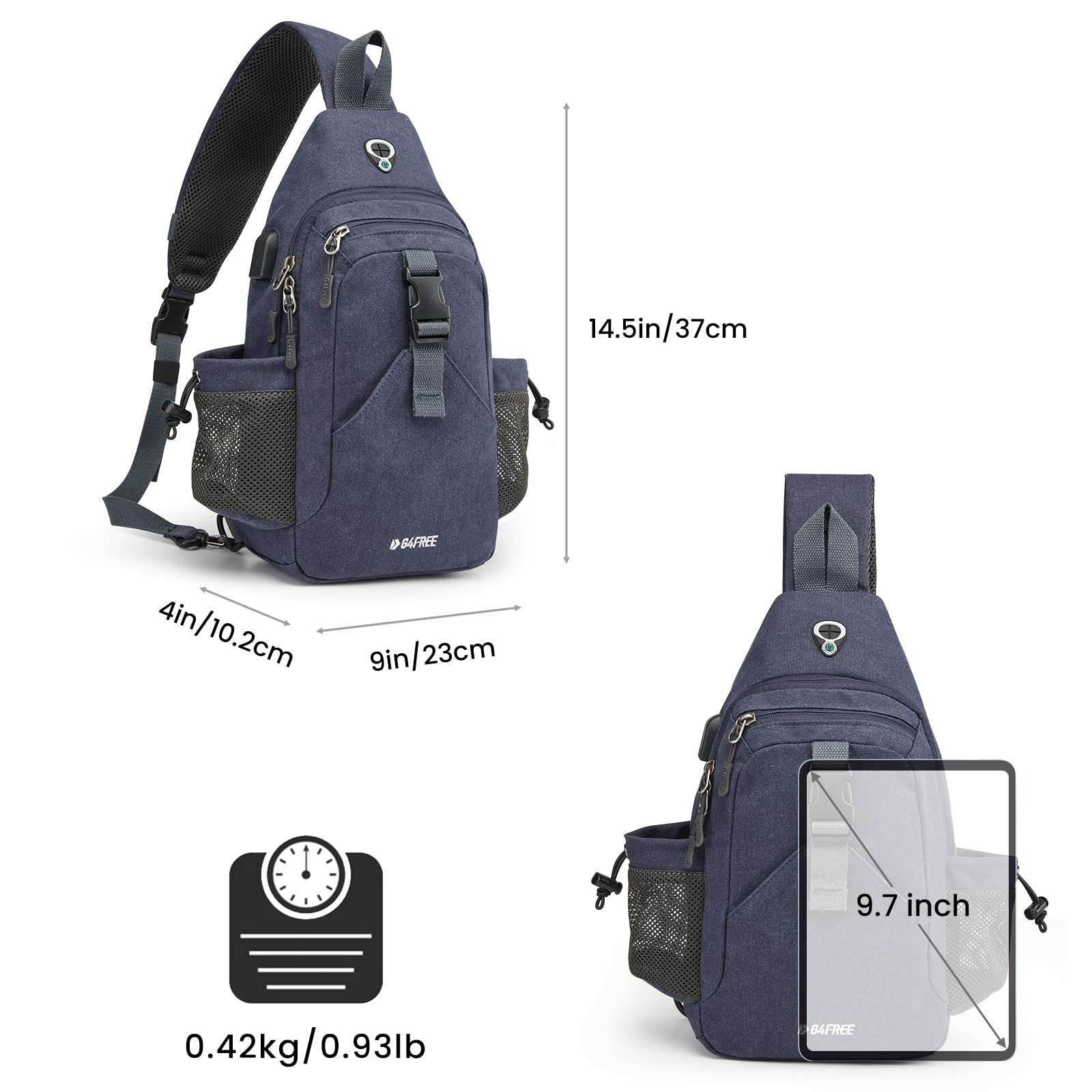 G4Free Activewear - G4Free Anti-Theft Canvas Sling Bag with USB Port -TN22B159C-TN22B159A-TN22B159D-TN22B159B-TN22B159F