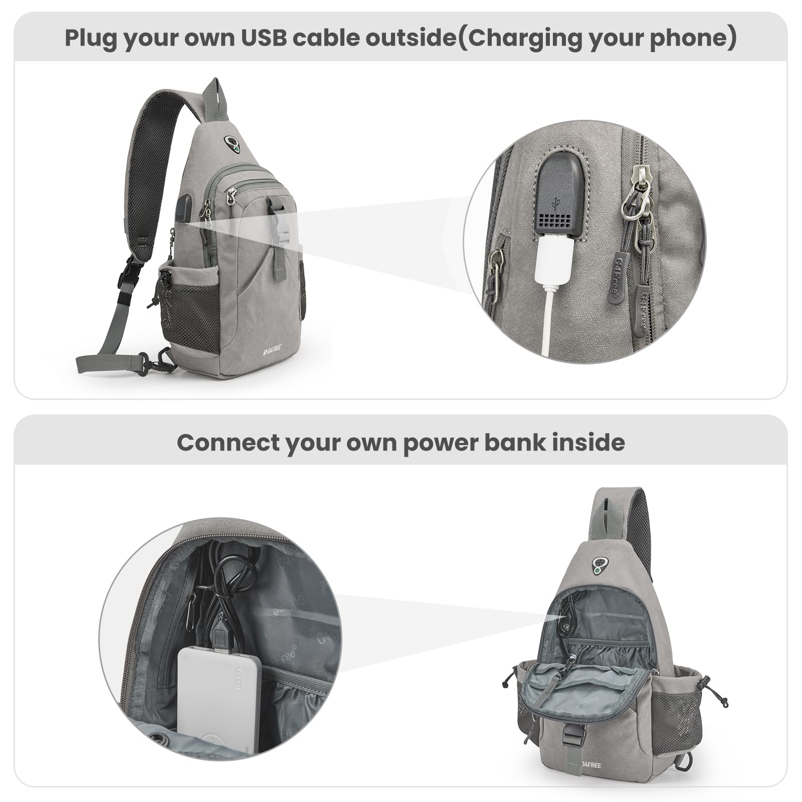 G4Free Activewear - G4Free Anti-Theft Canvas Sling Bag with USB Port -TN22B159C-TN22B159A-TN22B159D-TN22B159B-TN22B159F