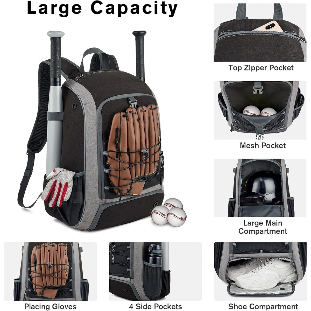 G4Free Activewear - G4Free Baseball Bag, Softball Backpack with Shoe Compartment, Large Bat Backpack with Fence Hook -TN24B366B-TN24B366D-TN24B366A