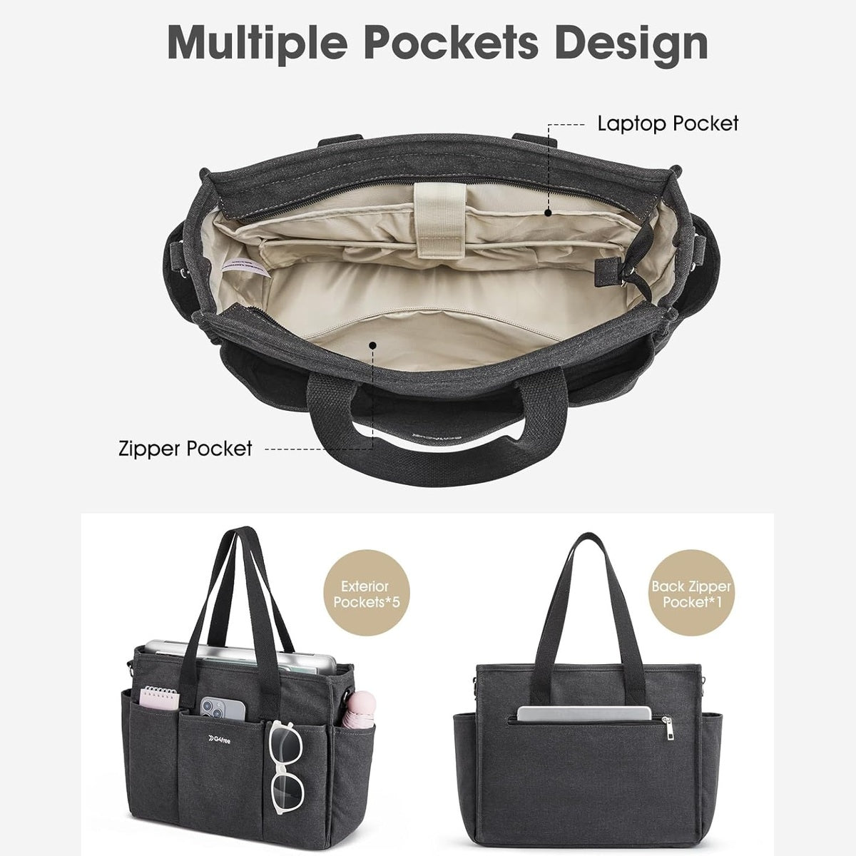 G4Free Activewear - G4Free Canvas Tote Bag with Pockets, Medium Size Crossbody Work Tote Bag -TN24B473A-TN24B473B-TN24B473C