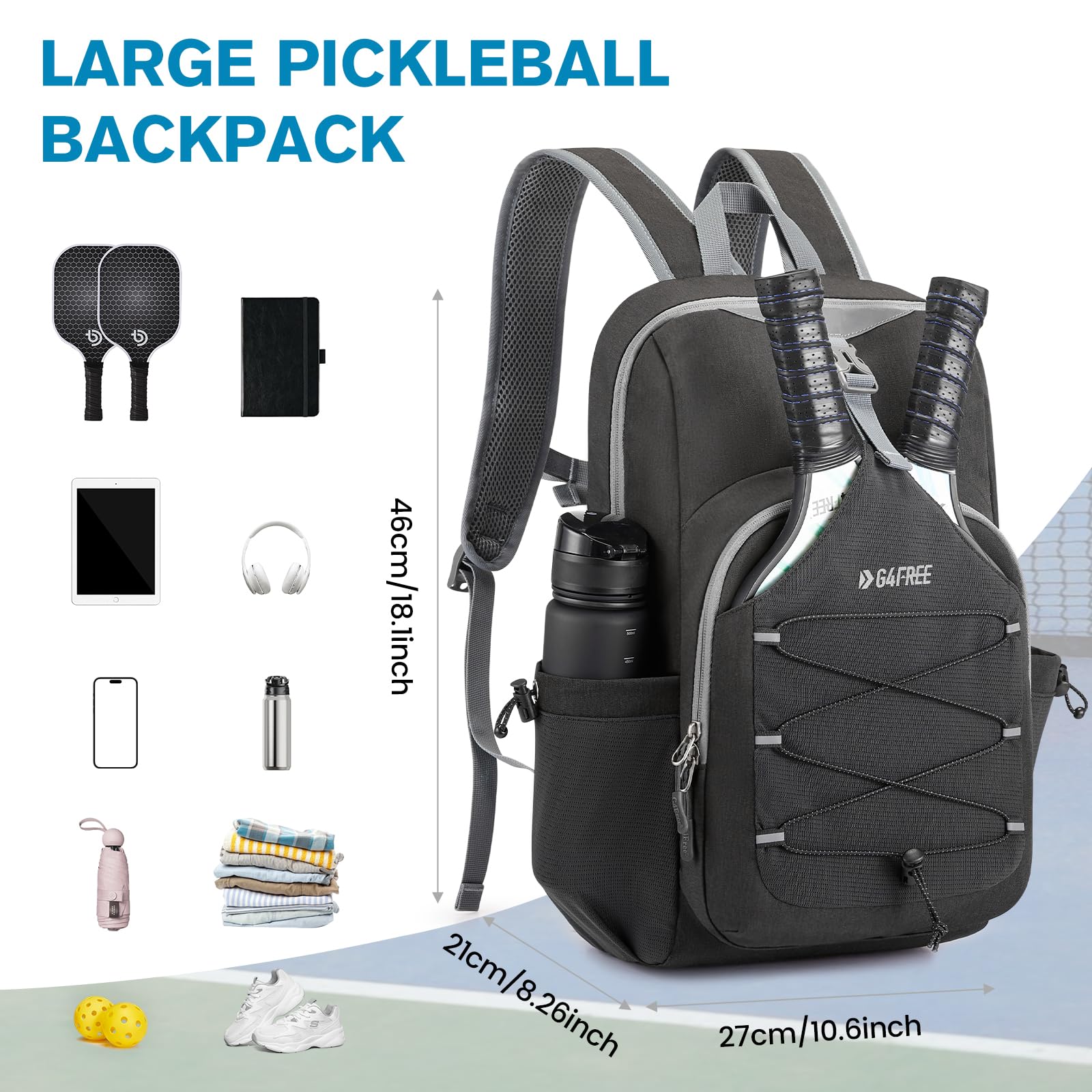 G4Free Activewear - G4Free Pickleball Backpack Fits 2 to 4 Paddles -TN23B318A-TN23B318B-TN23B318C-TN23B318D-TN23B318E