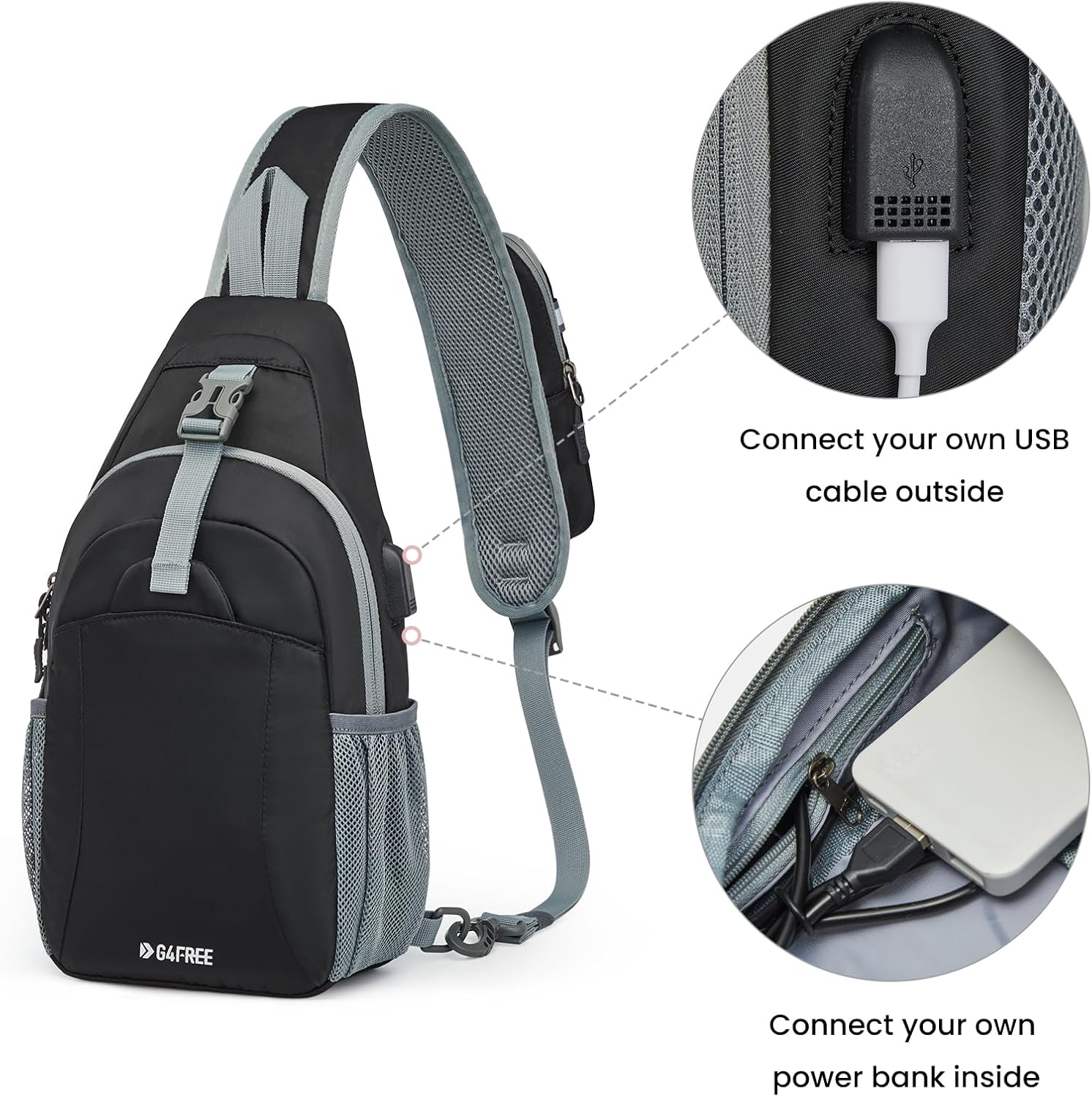 G4Free Activewear - G4Free RFID Crossbody Sling Backpack with USB Charging Port -TN23B273A-TN23B273H-TN23B273E-TN23B273C-TN23B273B