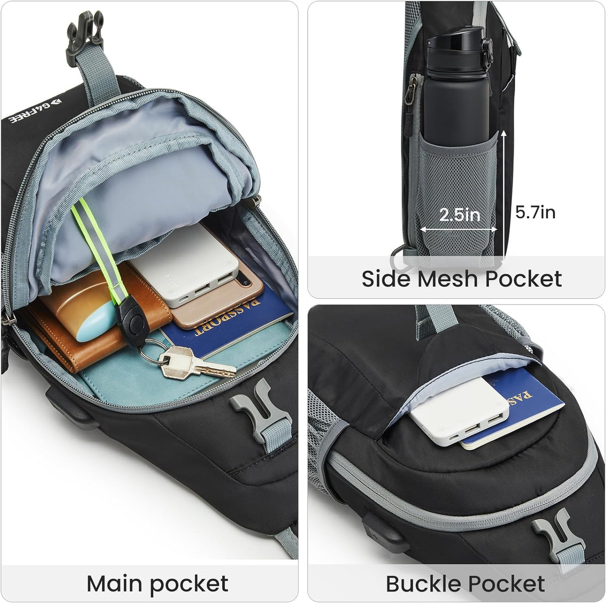 G4Free Activewear - G4Free RFID Crossbody Sling Backpack with USB Charging Port -TN23B273C-TN23B273A-TN23B273H-TN23B273E-TN23B273B