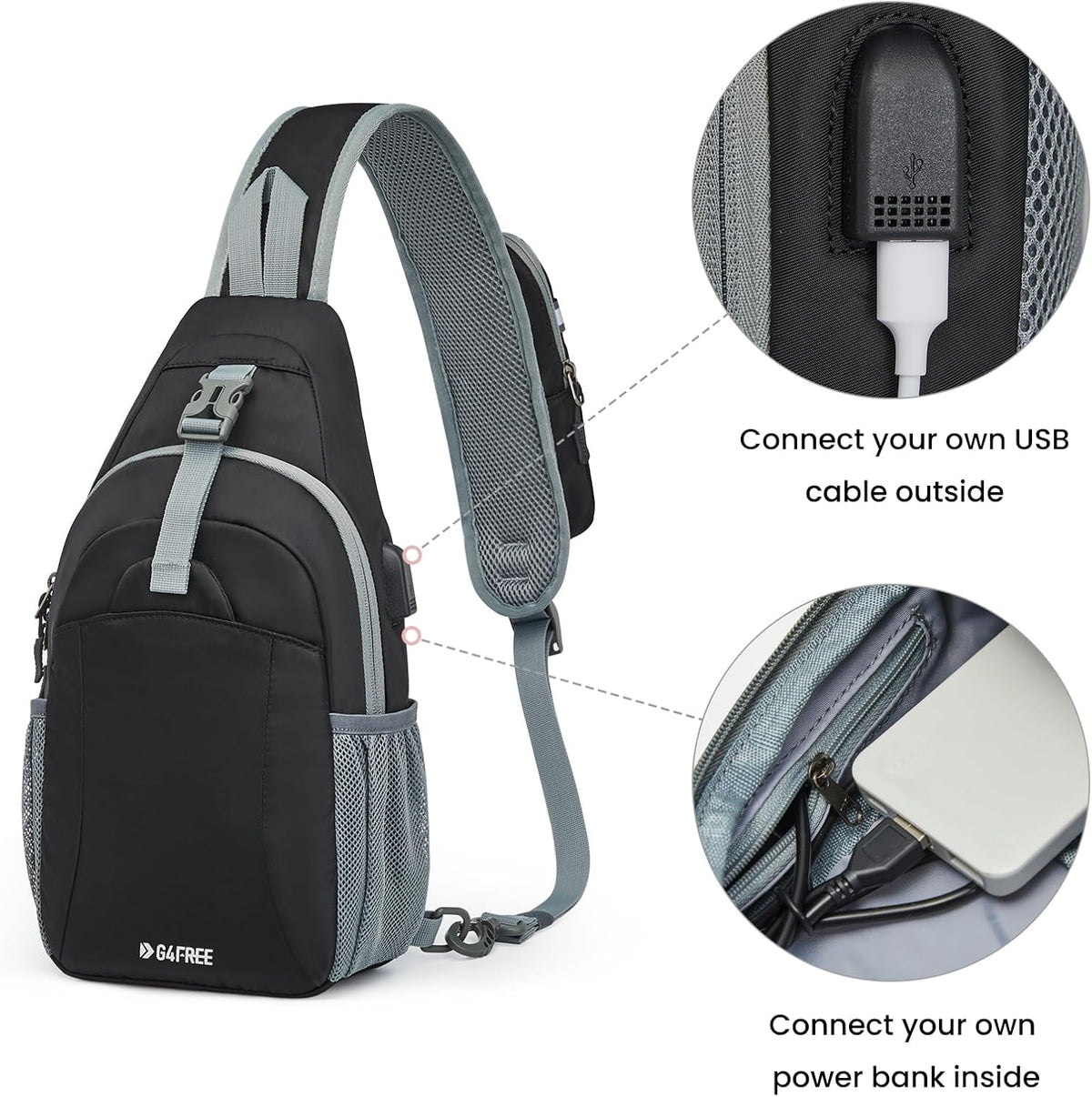 G4Free Activewear - G4Free RFID Crossbody Sling Backpack with USB Charging Port -TN23B273C-TN23B273A-TN23B273H-TN23B273E-TN23B273B