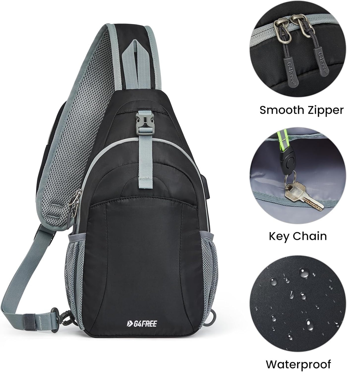 G4Free Activewear - G4Free RFID Crossbody Sling Backpack with USB Charging Port -TN23B273C-TN23B273A-TN23B273H-TN23B273E-TN23B273B