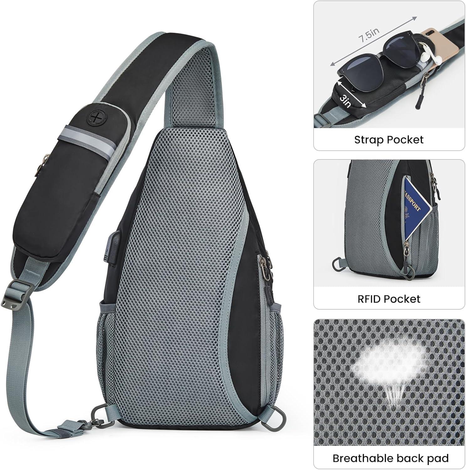 G4Free Activewear - G4Free RFID Crossbody Sling Backpack with USB Charging Port -TN23B273C-TN23B273A-TN23B273H-TN23B273E-TN23B273B